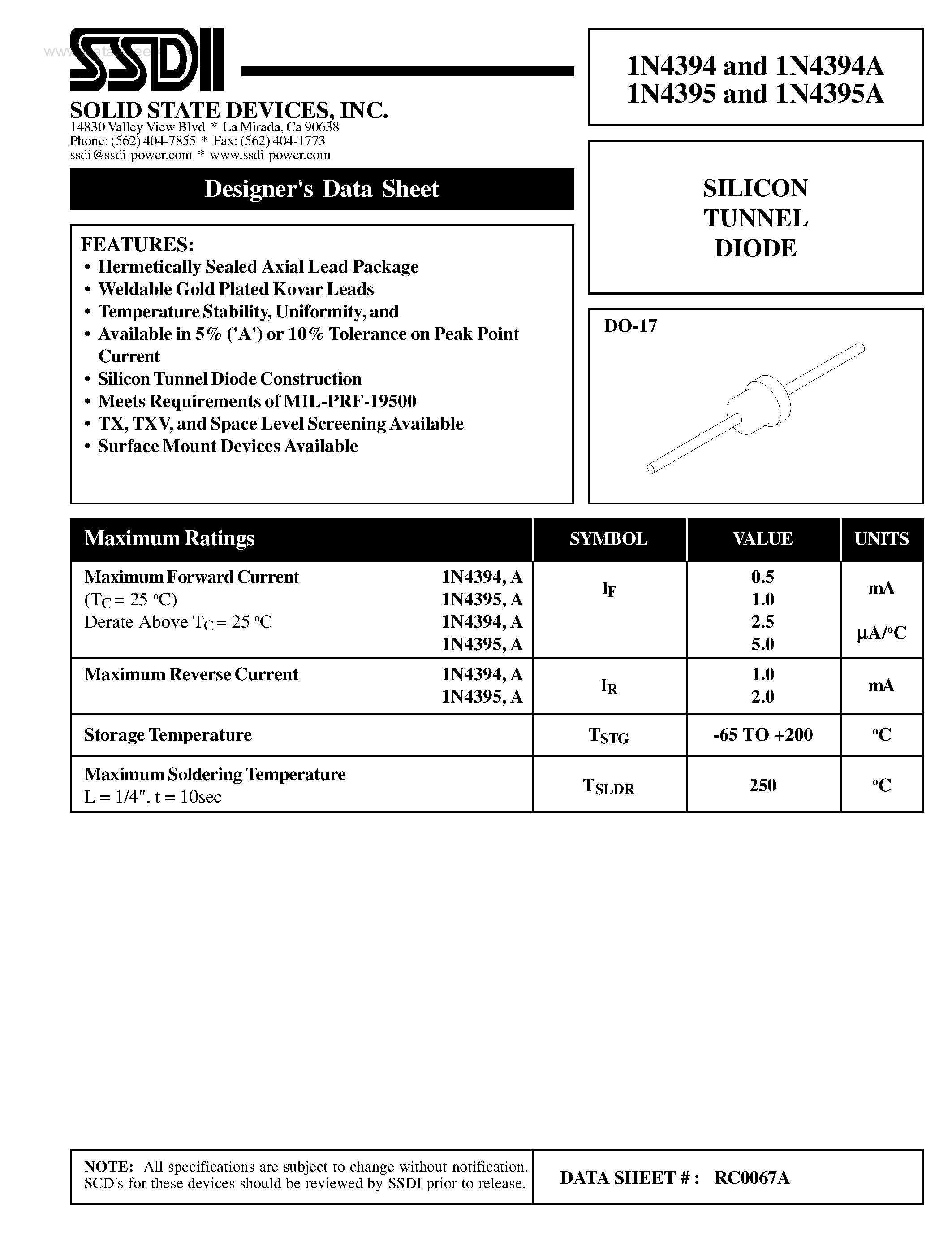Datasheet 1N4394 - (1N4394A / 1N4395A) SILICON TUNNEL DIODE page 1