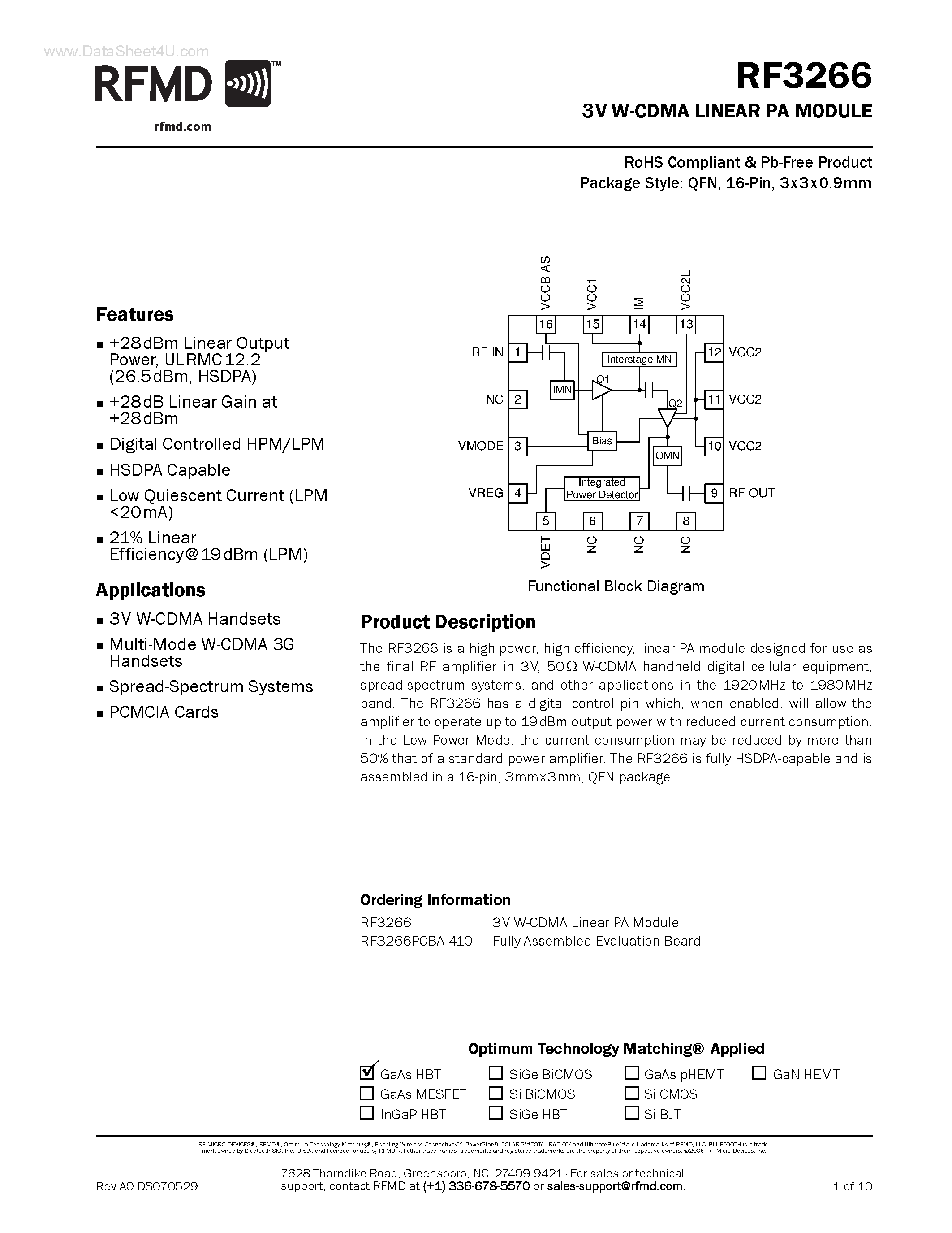 Даташит RF3266 - 3V W-CDMA LINEAR PA MODULE страница 1