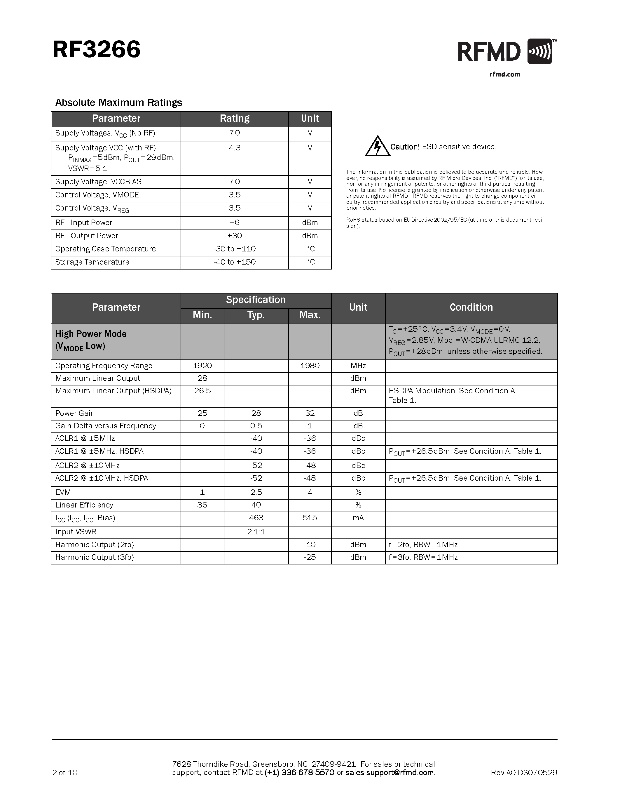 Даташит RF3266 - 3V W-CDMA LINEAR PA MODULE страница 2