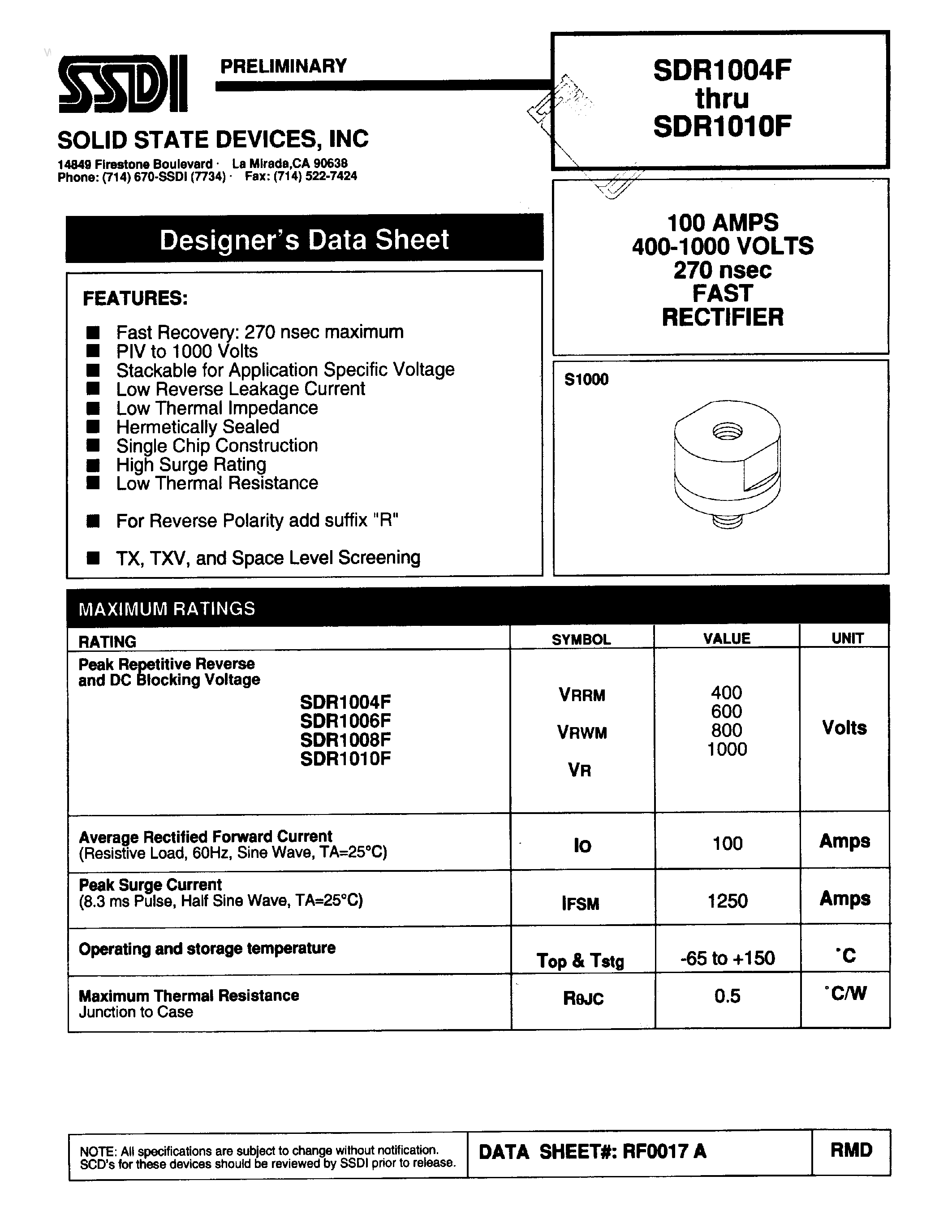 Datasheet SDR1004F - (SDR1004F - SDR1010F) FAST RECTIFIER page 1