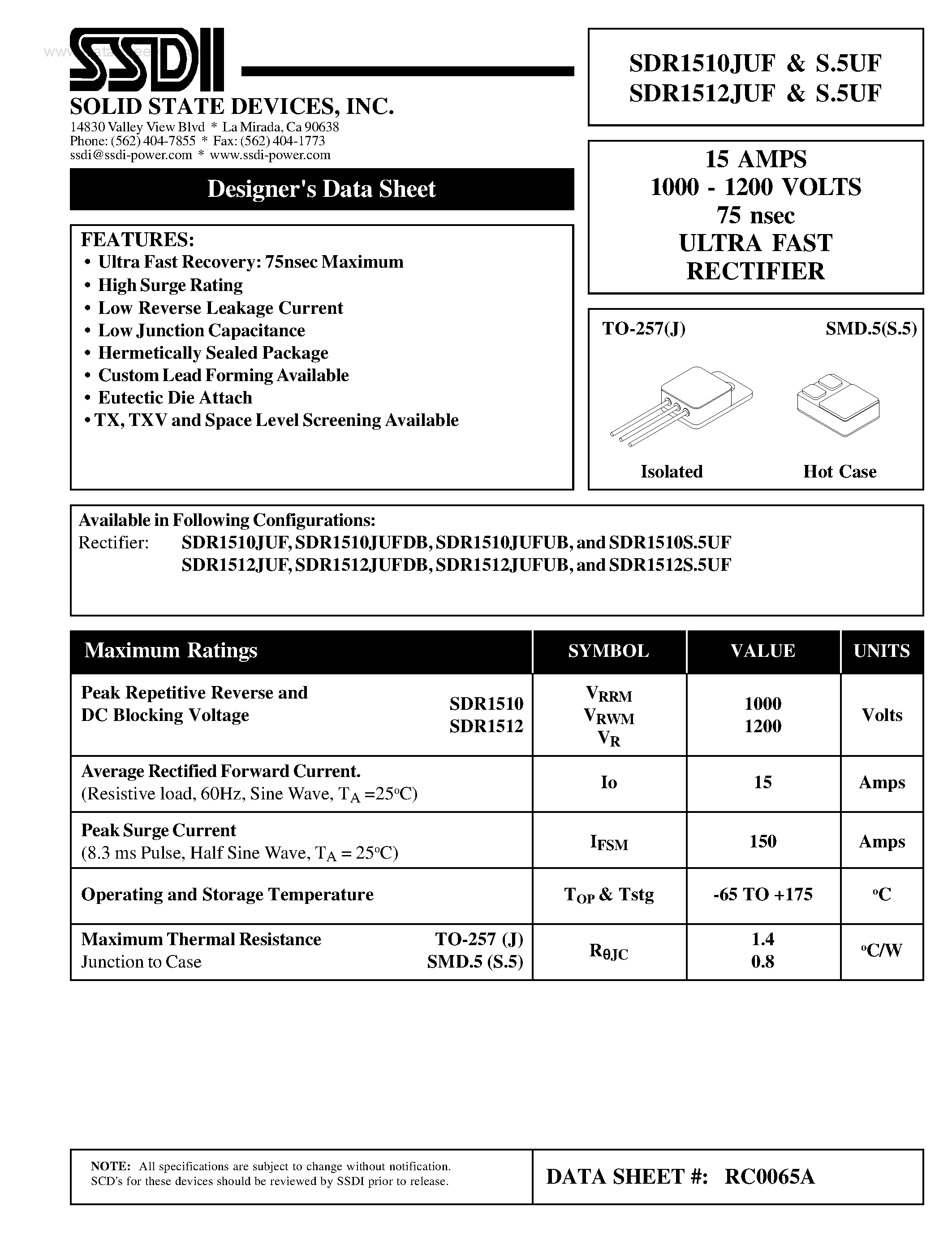 Datasheet SDR1510JUF page 1 Datasheet SDR1510JUF - (SDR1510S.5UF / SDR1512S.5UF) ULTRA FAST RECTIFIER page 1