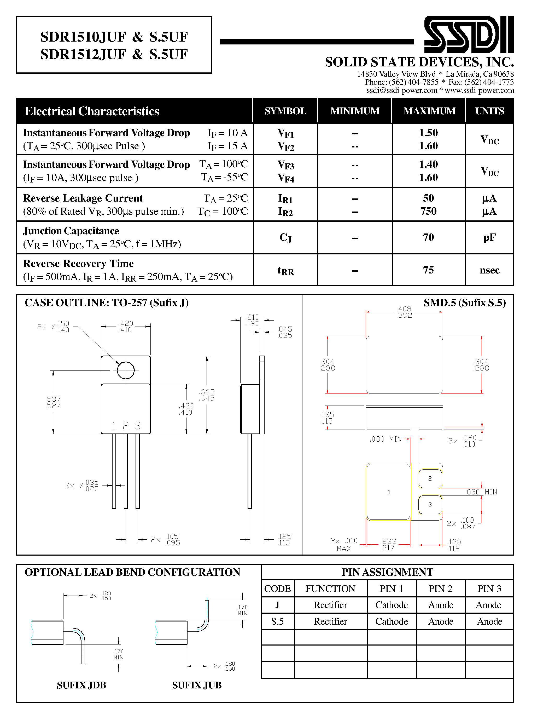Datasheet SDR1510JUF page 2 Datasheet SDR1510JUF - (SDR1510S.5UF / SDR1512S.5UF) ULTRA FAST RECTIFIER page 2