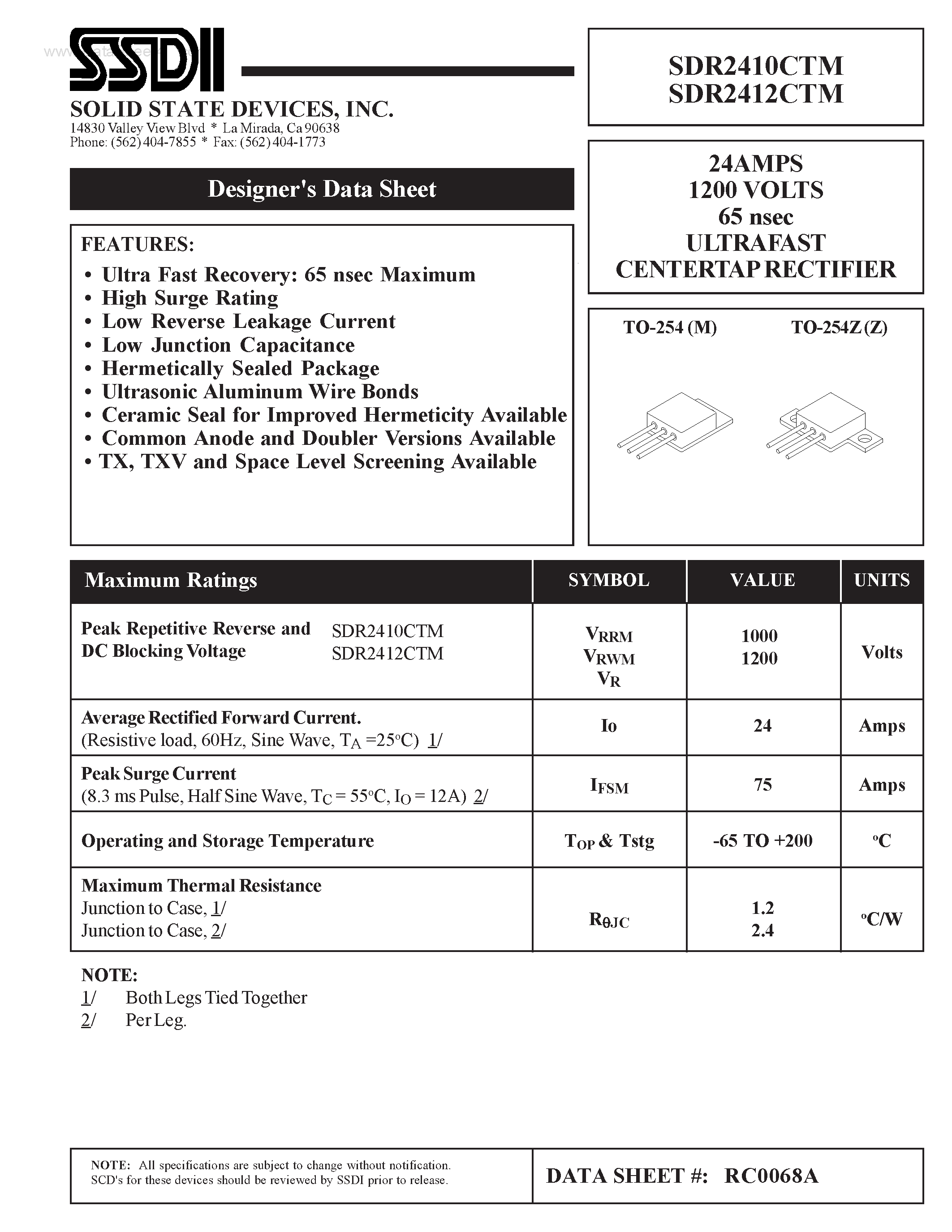 Datasheet SDR2410CTM - (SDR2410CTM / SDR2412CTM) ULTRAFAST CENTERTAP RECTIFIER page 1
