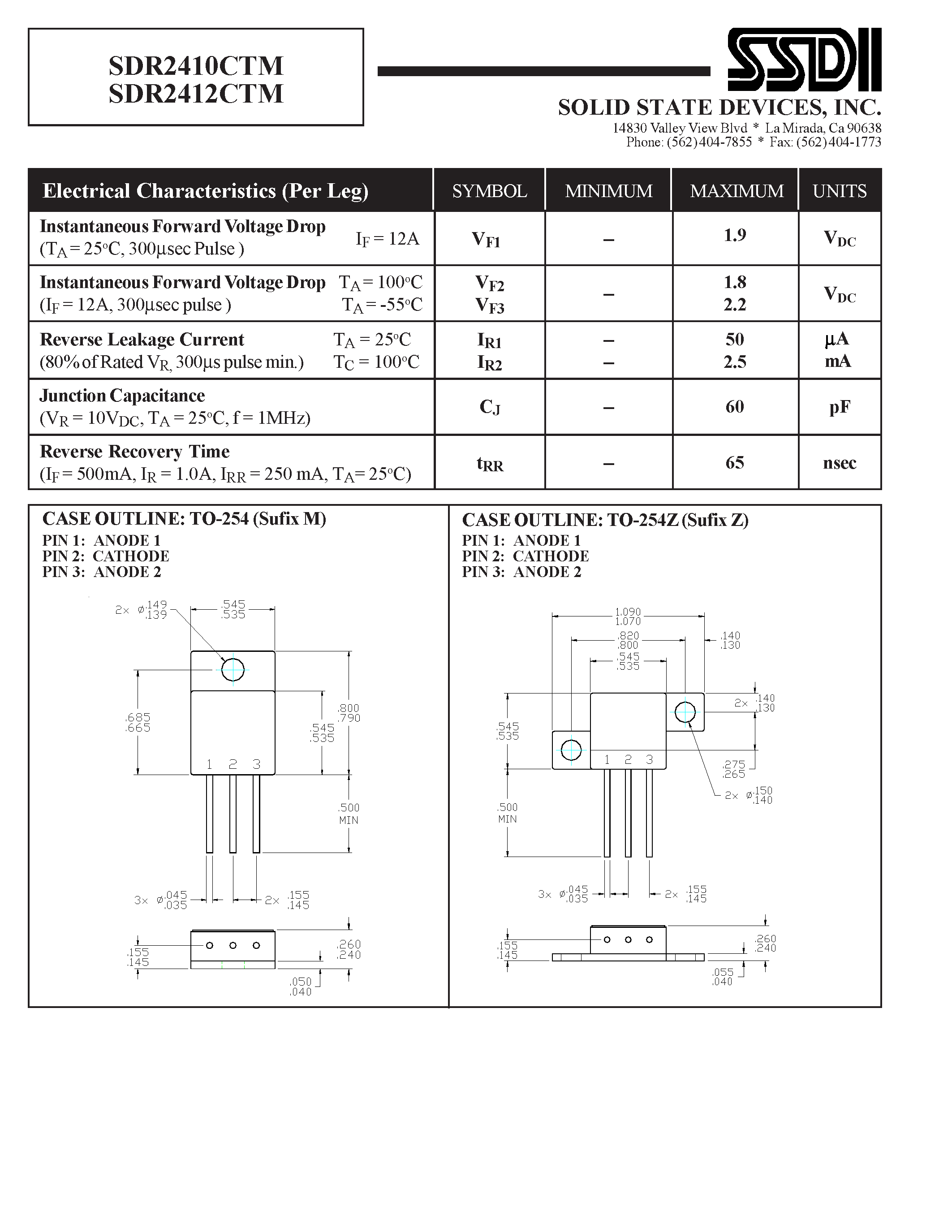 Datasheet SDR2410CTM - (SDR2410CTM / SDR2412CTM) ULTRAFAST CENTERTAP RECTIFIER page 2