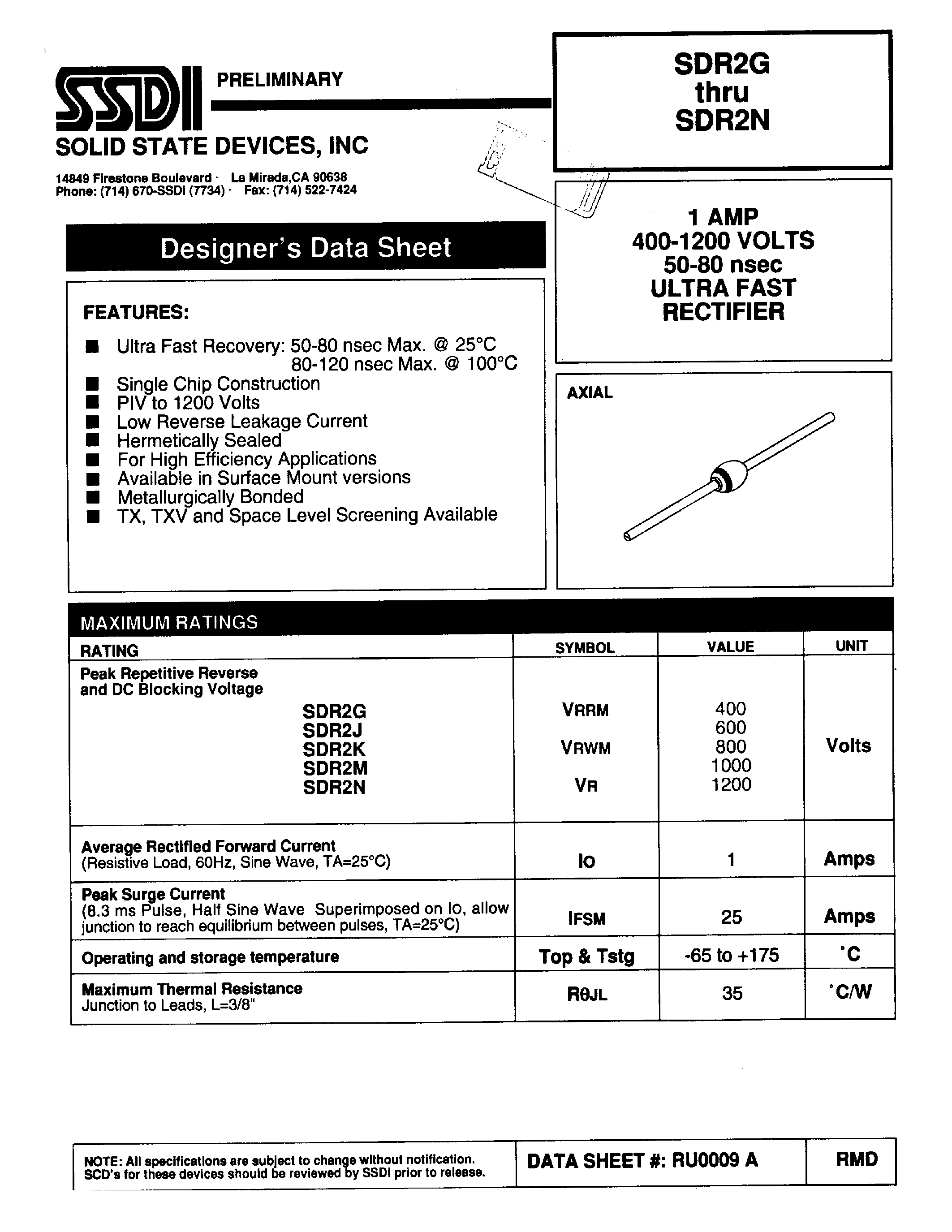 Datasheet SDR2G page 1 Datasheet SDR2G - (SDR2G - SDR2N) ULTRA FAST RECTIFIER page 1