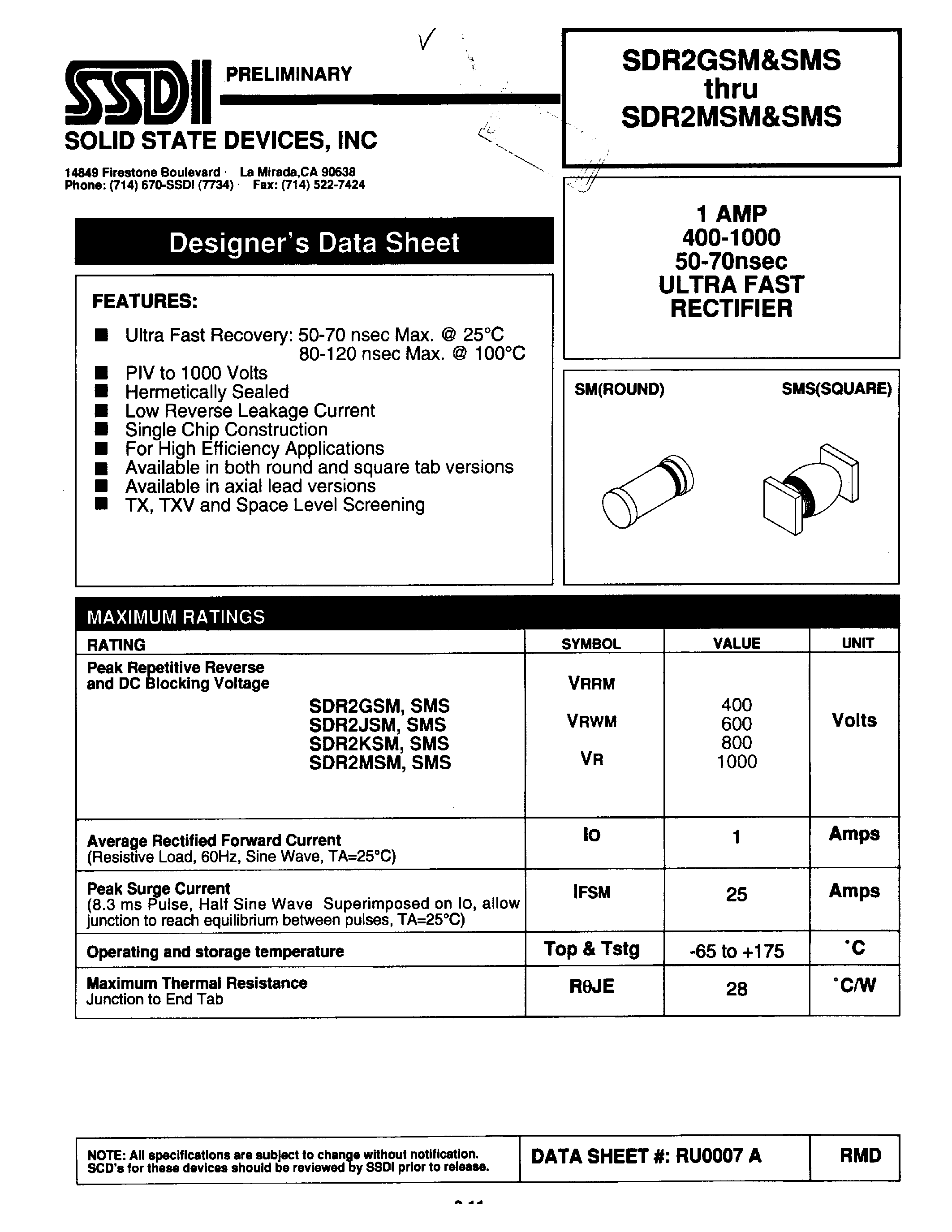 Datasheet SDR2GSM page 1 Datasheet SDR2GSM - (SDR2xSMS) ULTRA FAST RECTIFIER page 1