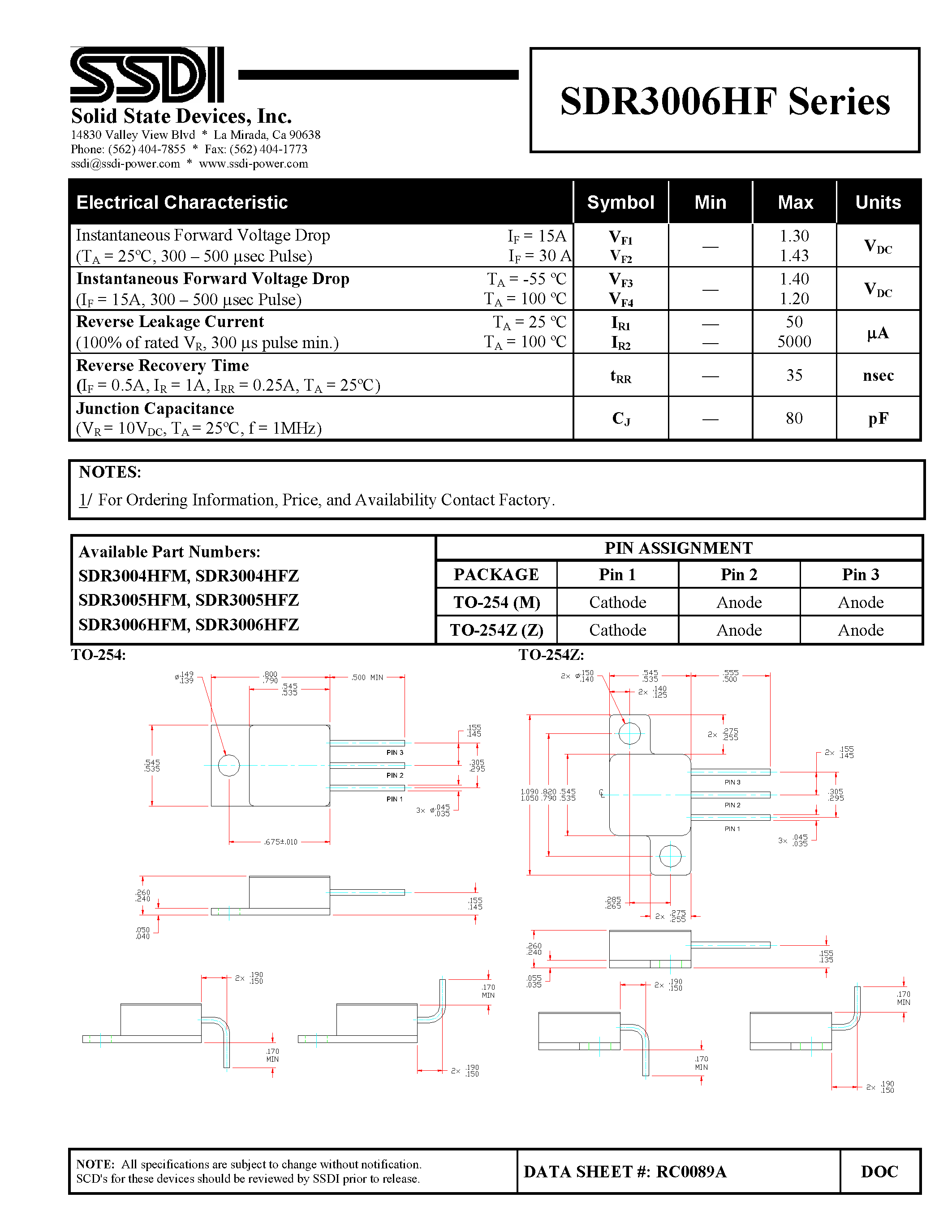 Datasheet SDR3004HF page 2 Datasheet SDR3004HF - (SDR3004HF - SDR3006HF) Hyper Fast Rectifier page 2