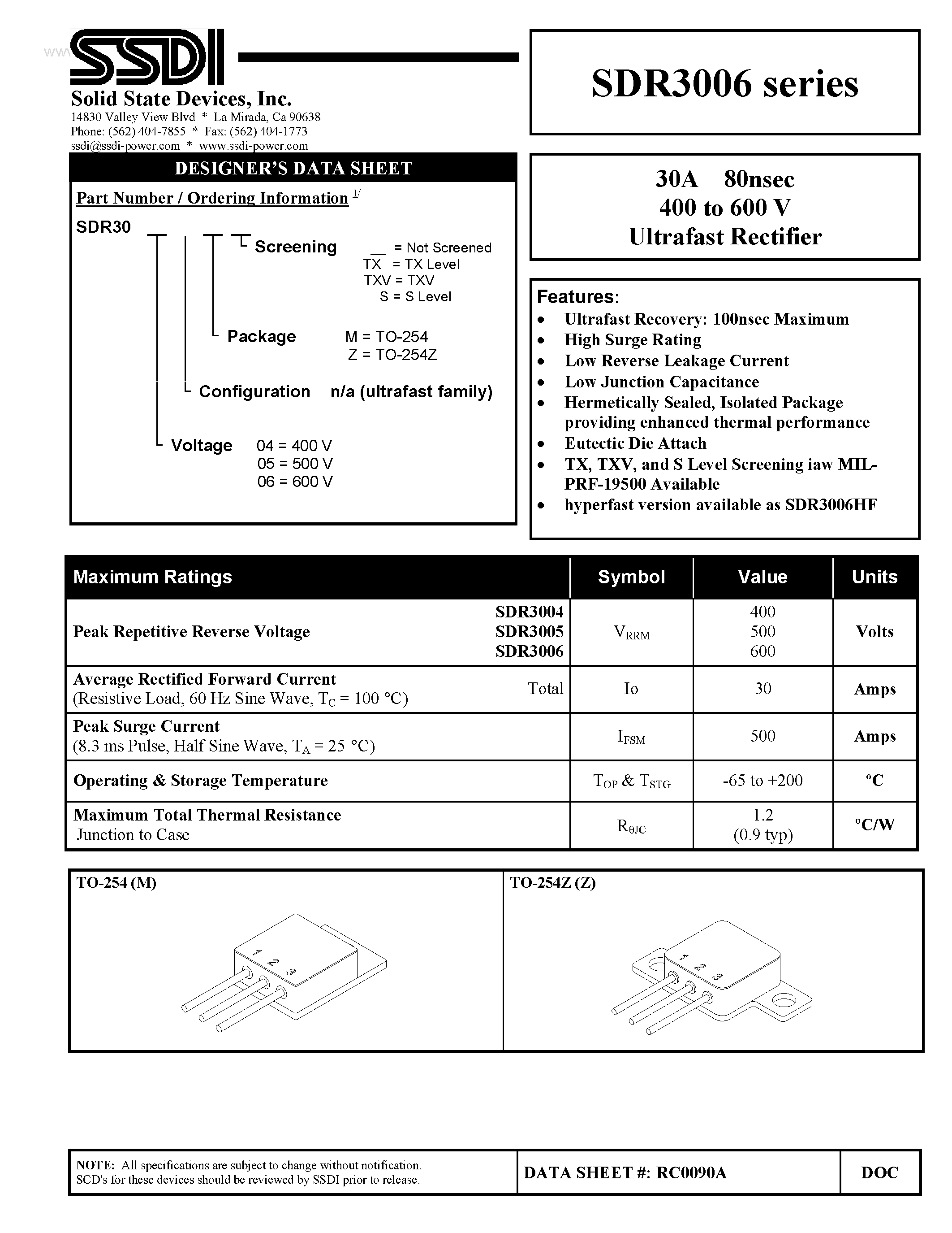 Datasheet SDR3004 page 1 Datasheet SDR3004 - (SDR3004 - SDR3006) Ultrafast Rectifier page 1