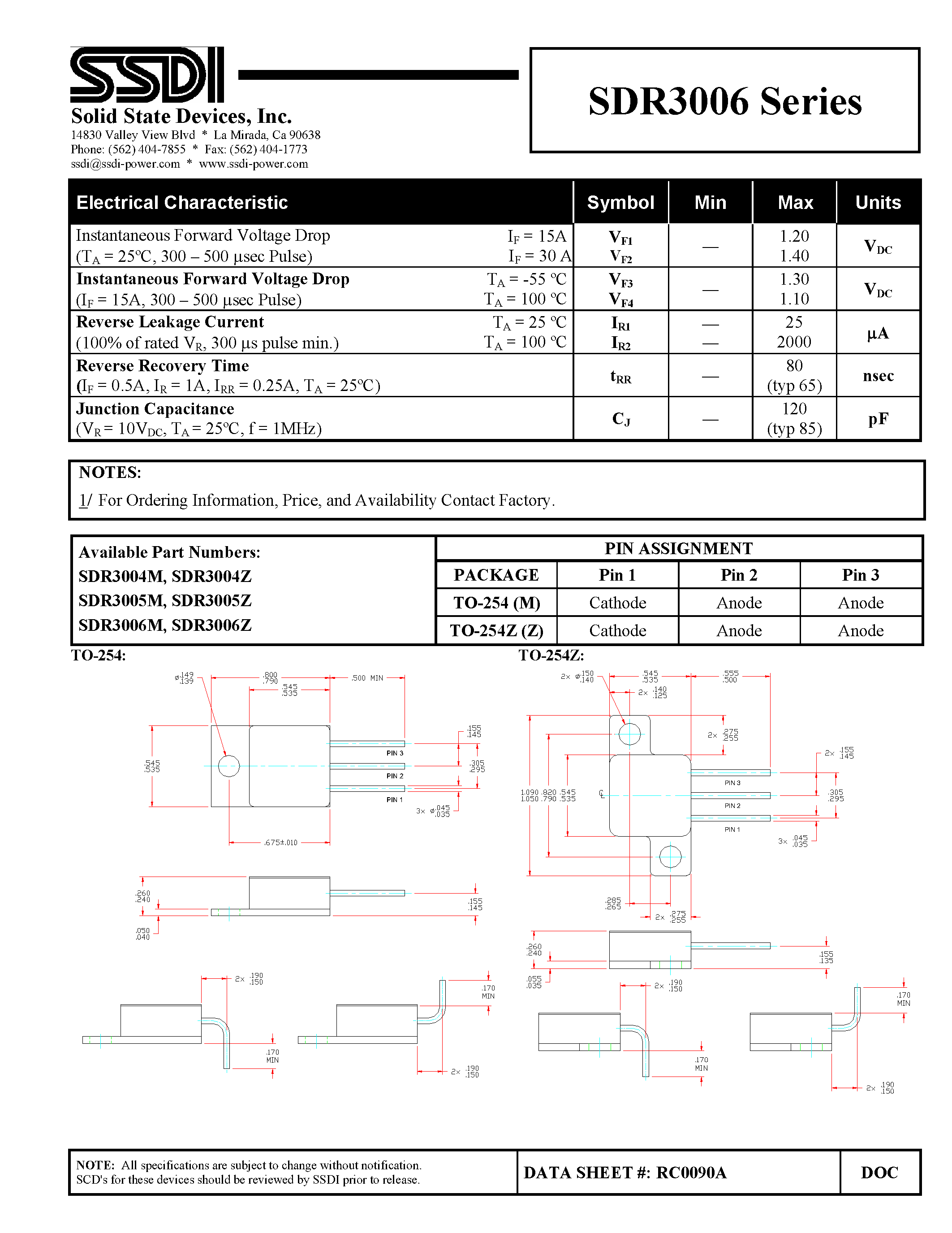 Datasheet SDR3004 page 2 Datasheet SDR3004 - (SDR3004 - SDR3006) Ultrafast Rectifier page 2