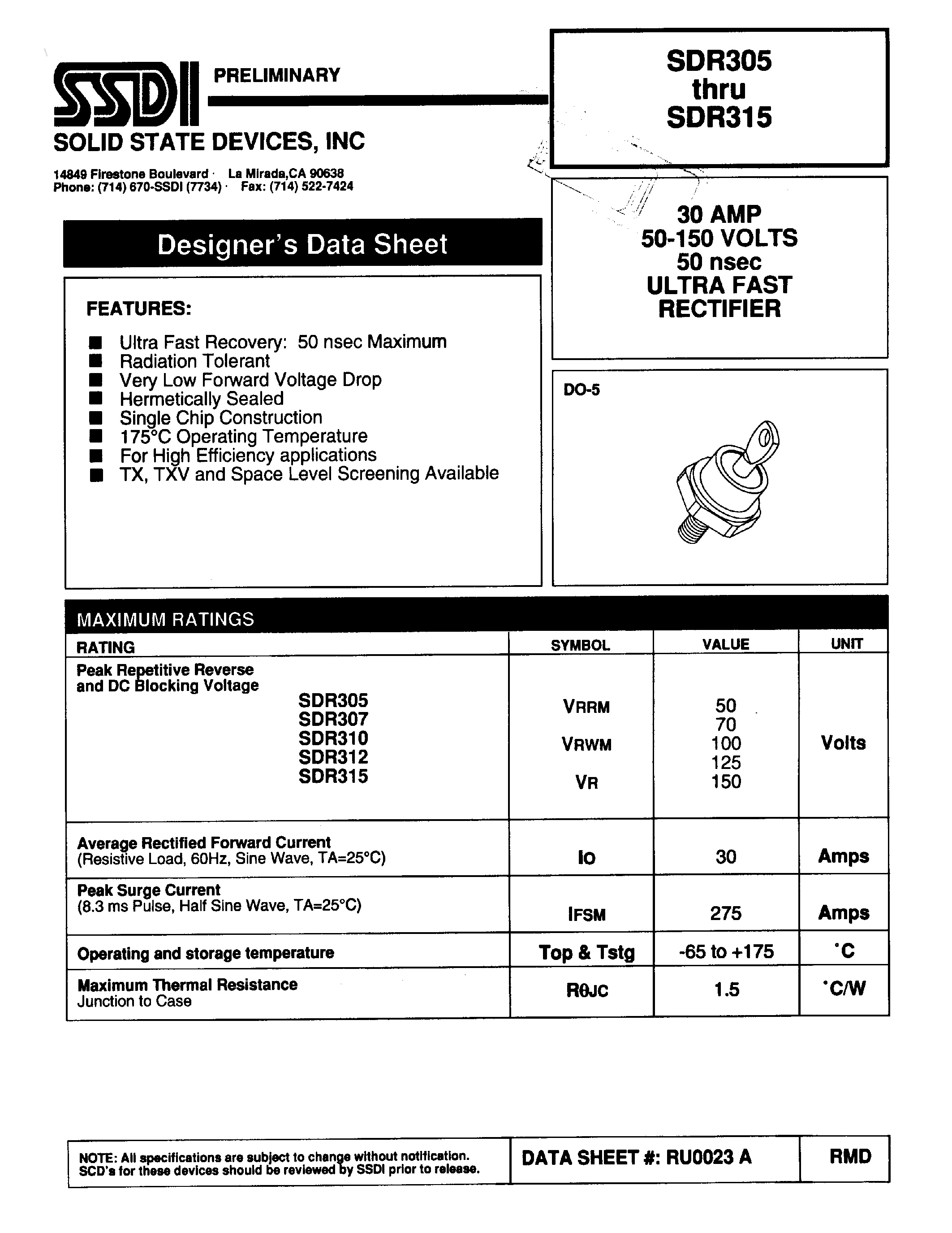 Datasheet SDR305 page 1 Datasheet SDR305 - (SDR305 - SDR315) ULTRA FAST RECTIFIER page 1