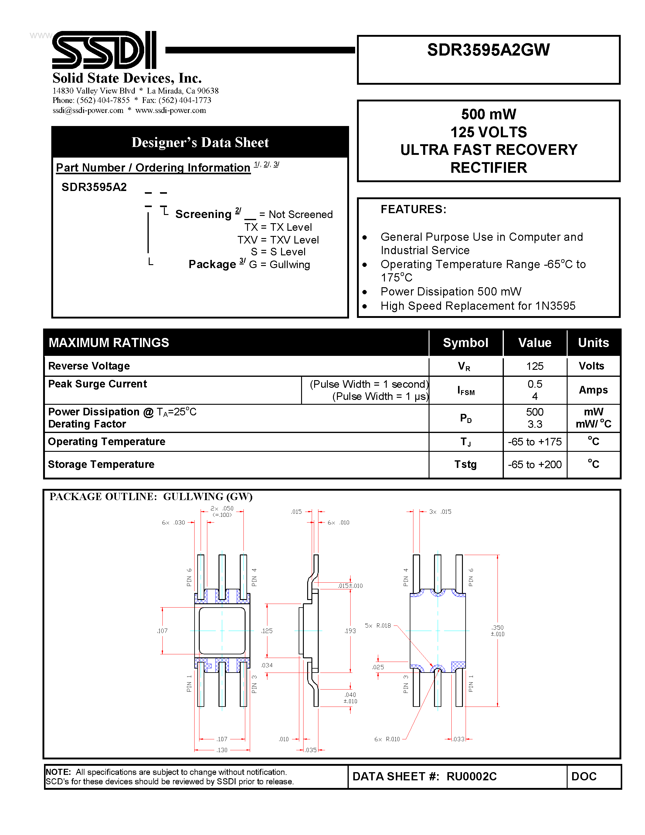 Datasheet SDR3595A2GW - ULTRA FAST RECOVERY RECTIFIER page 1