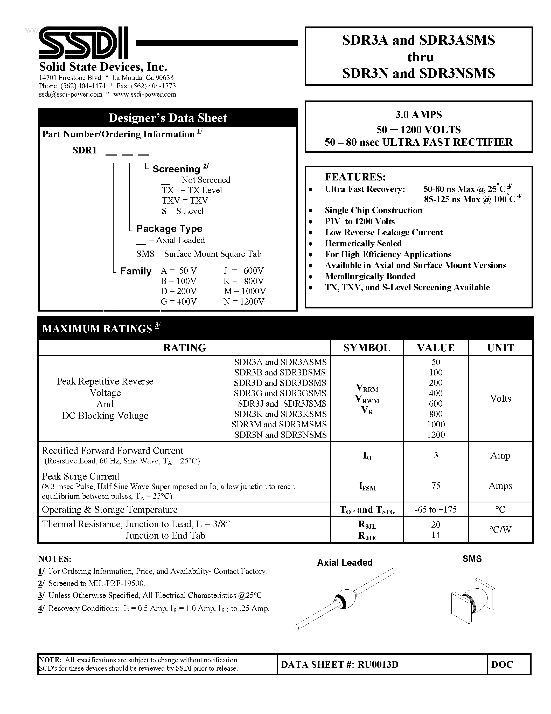 Datasheet SDR3A page 1 Datasheet SDR3A - (SDR3x) ULTRA FAST RECTIFIER page 1