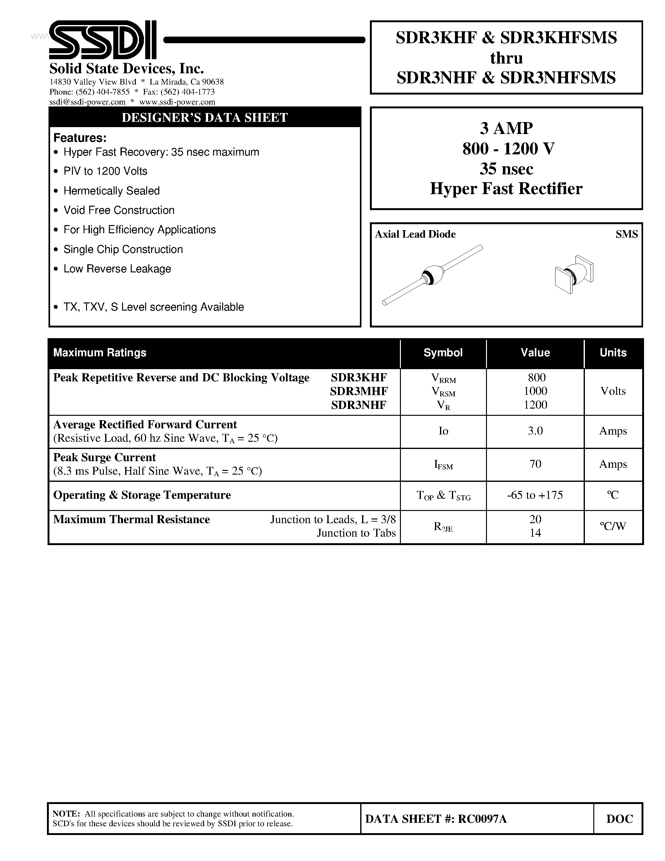 Datasheet SDR3KHF page 1 Datasheet SDR3KHF - (SDR3xHFSMS) Hyper Fast Rectifier page 1
