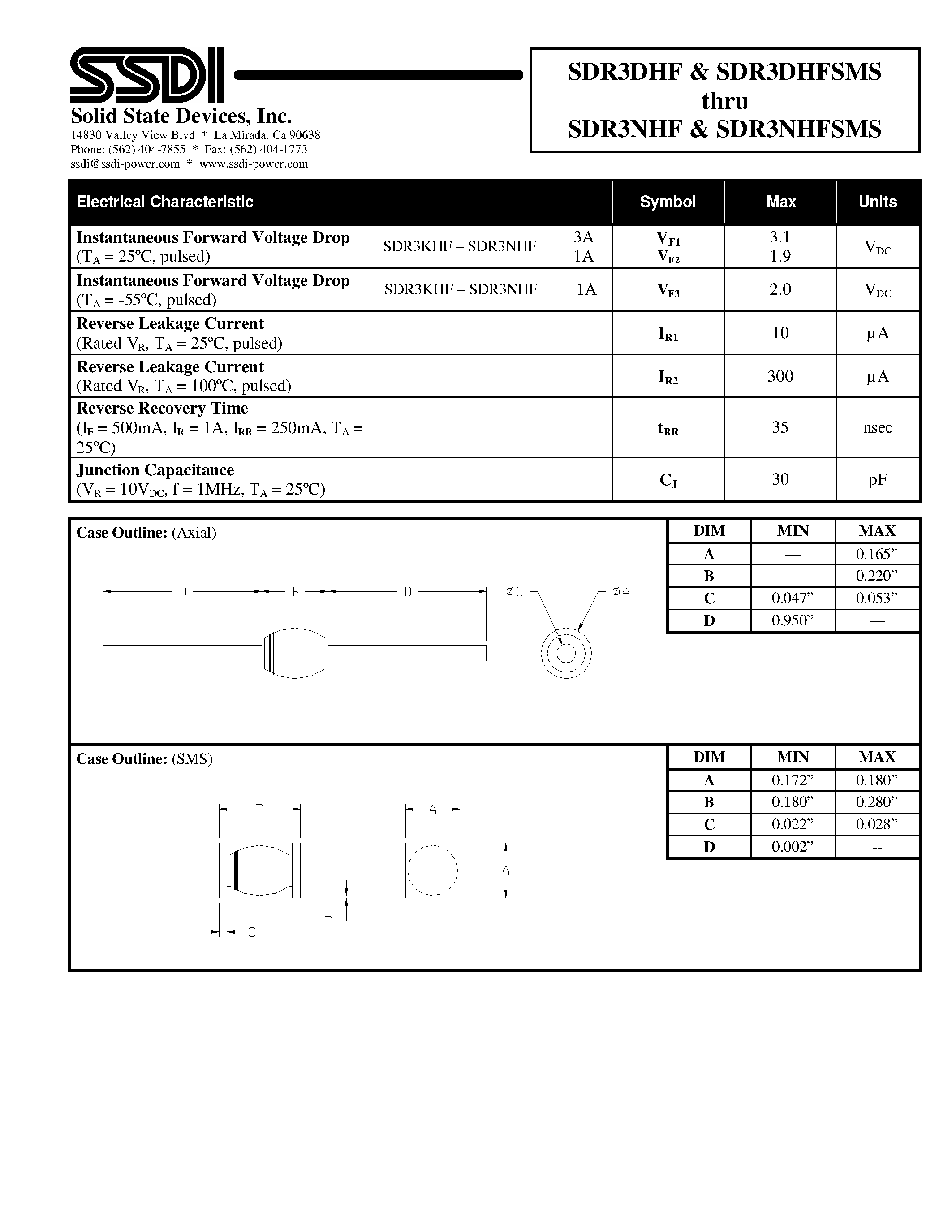 Datasheet SDR3KHF page 2 Datasheet SDR3KHF - (SDR3xHFSMS) Hyper Fast Rectifier page 2