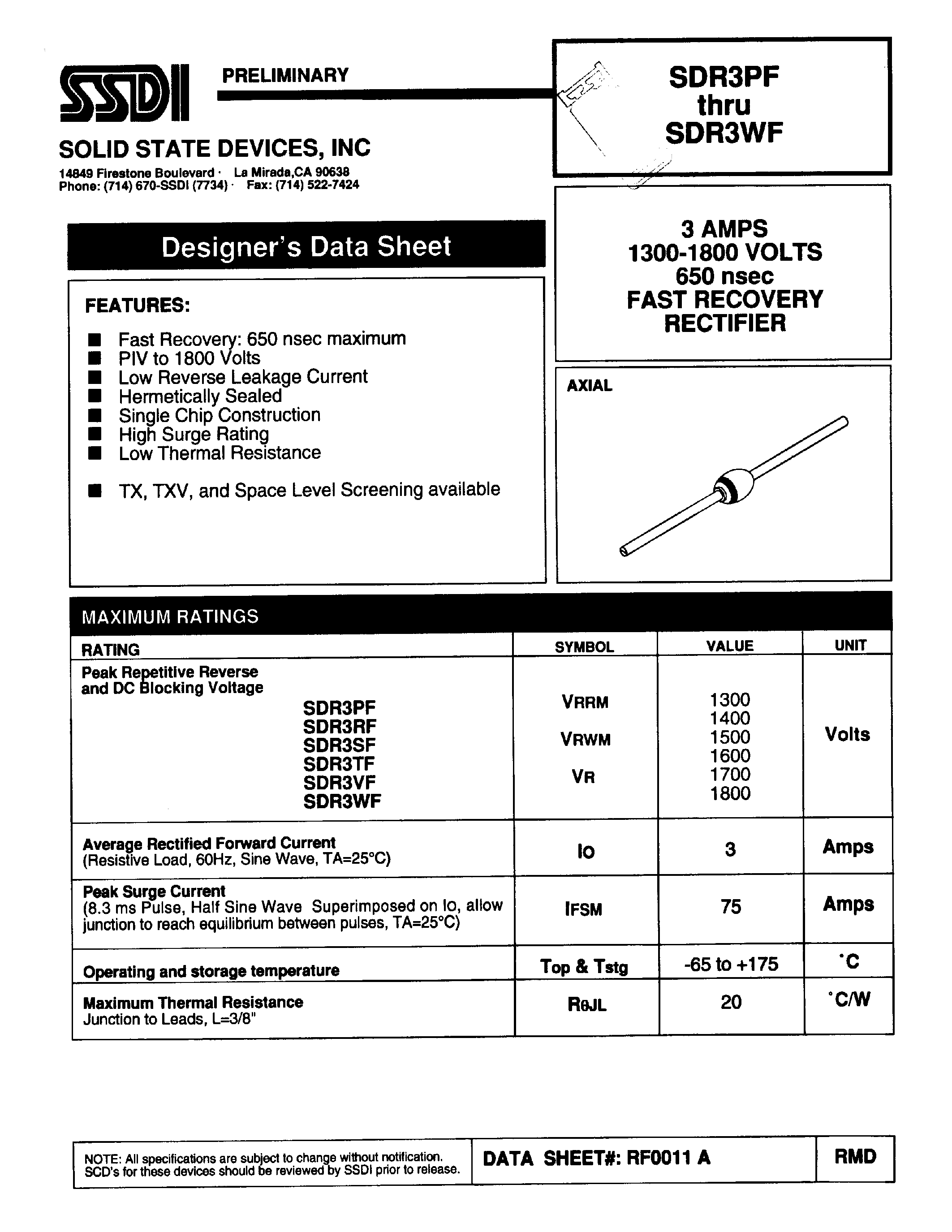 Datasheet SDR3PF page 1 Datasheet SDR3PF - (SDR3xF) FAST RECOVERY RECTIFIER page 1