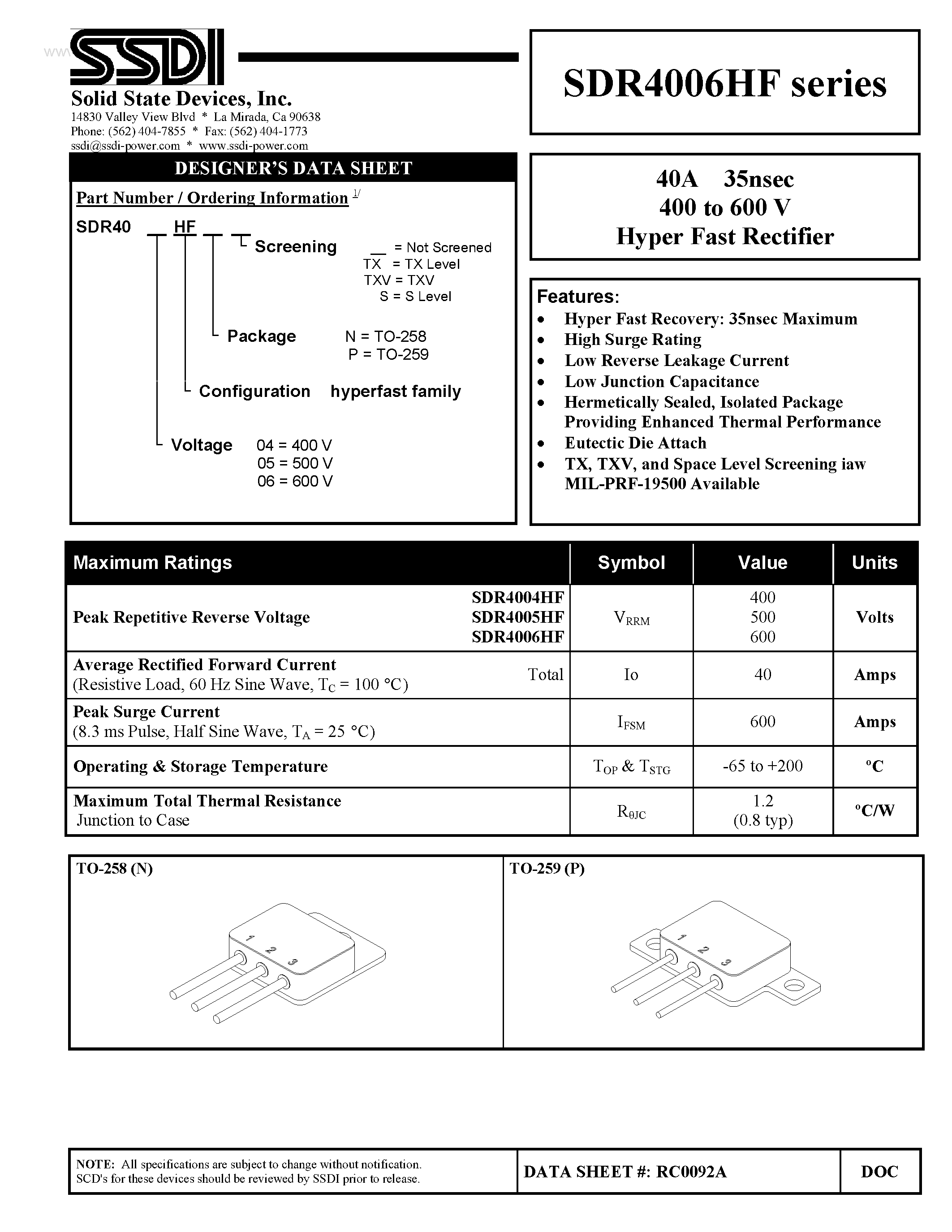 Datasheet SDR4004HF - (SDR4004HF - SDR4006HF) Hyper Fast Rectifier page 1