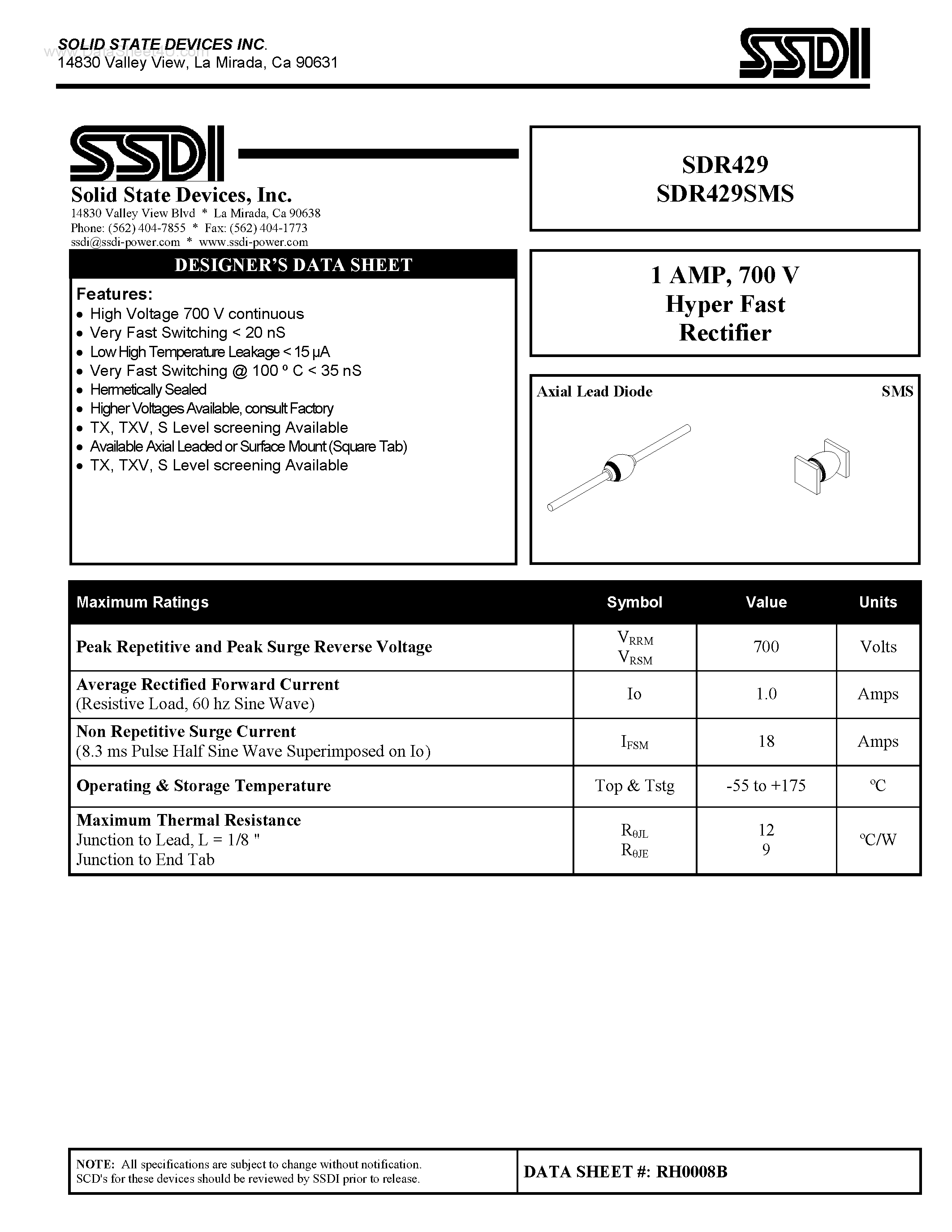 Datasheet SDR429 - Hyper Fast Rectifier page 1