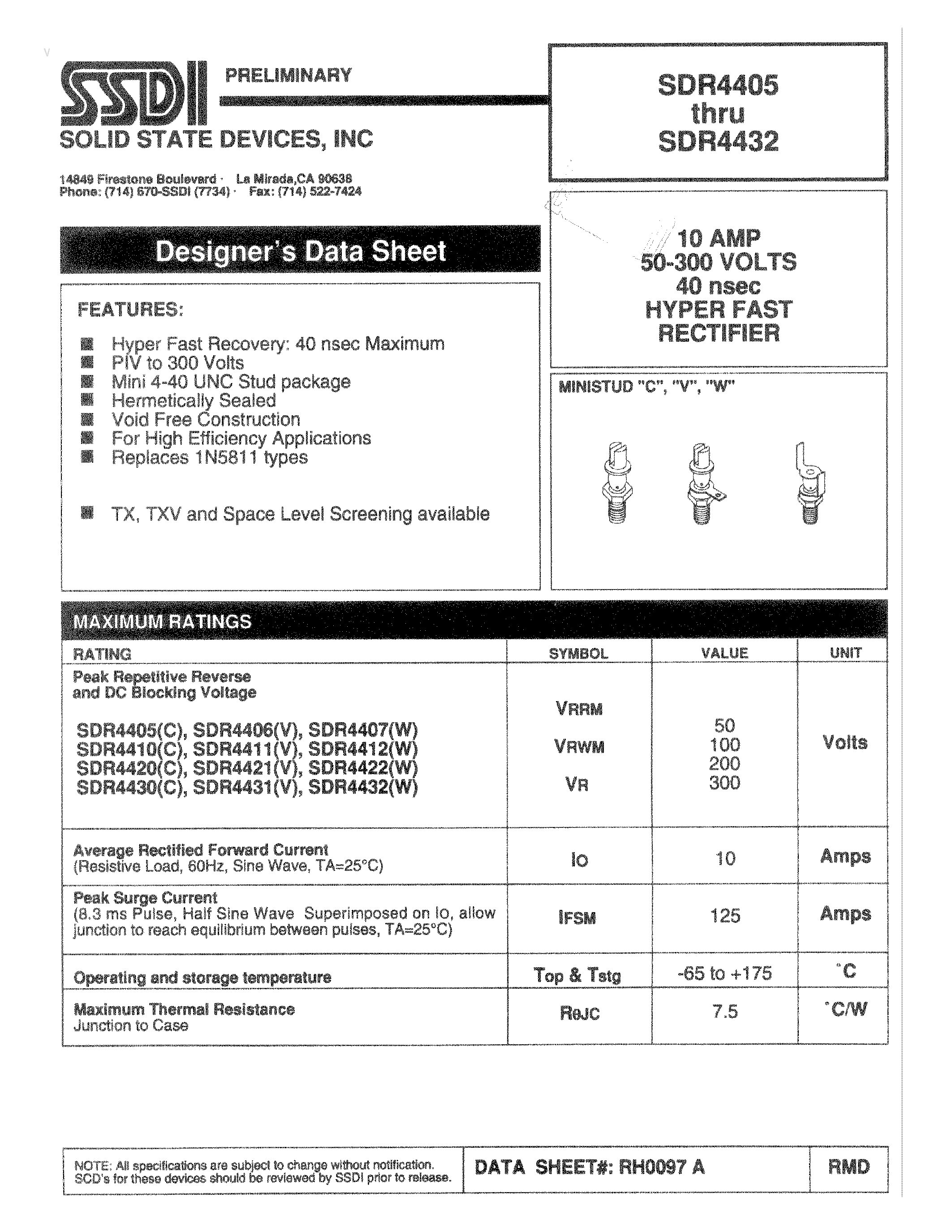 Datasheet SDR4405 page 1 Datasheet SDR4405 - (SDR4405 - SDR4432) HYPER FAST RECTIFIER page 1