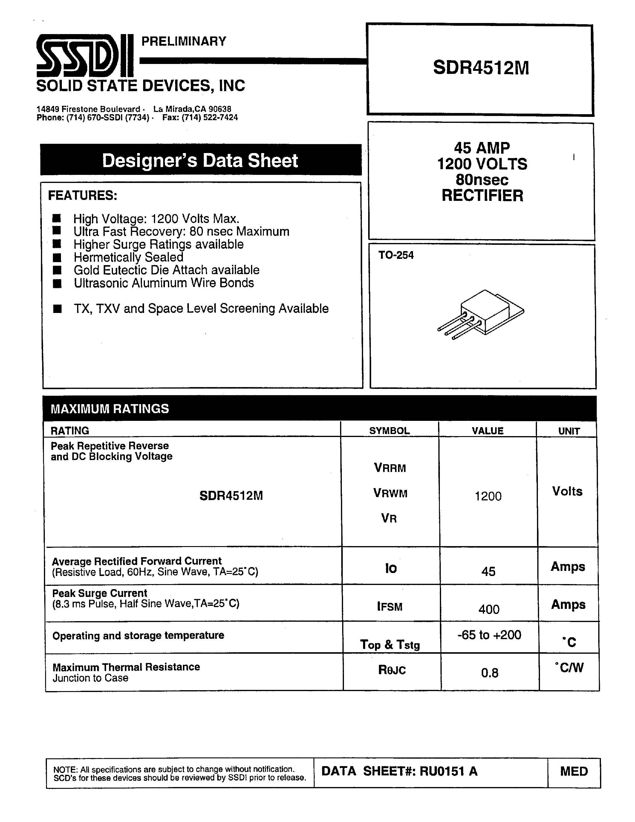 Datasheet SDR4512M page 1 Datasheet SDR4512M - RECTIFIER page 1