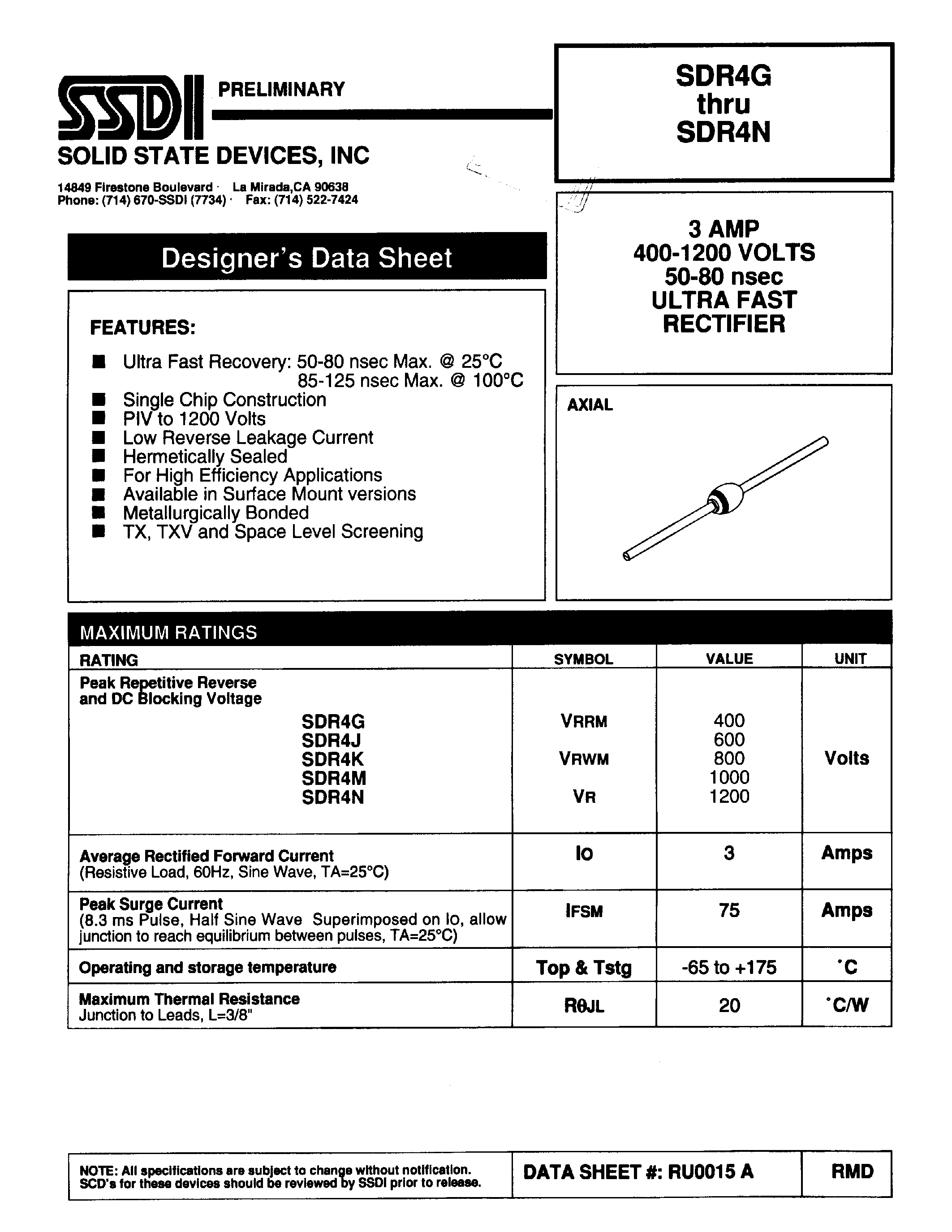Datasheet SDR4G page 1 Datasheet SDR4G - (SDR4x) ULTRA FAST RECTIFIER page 1