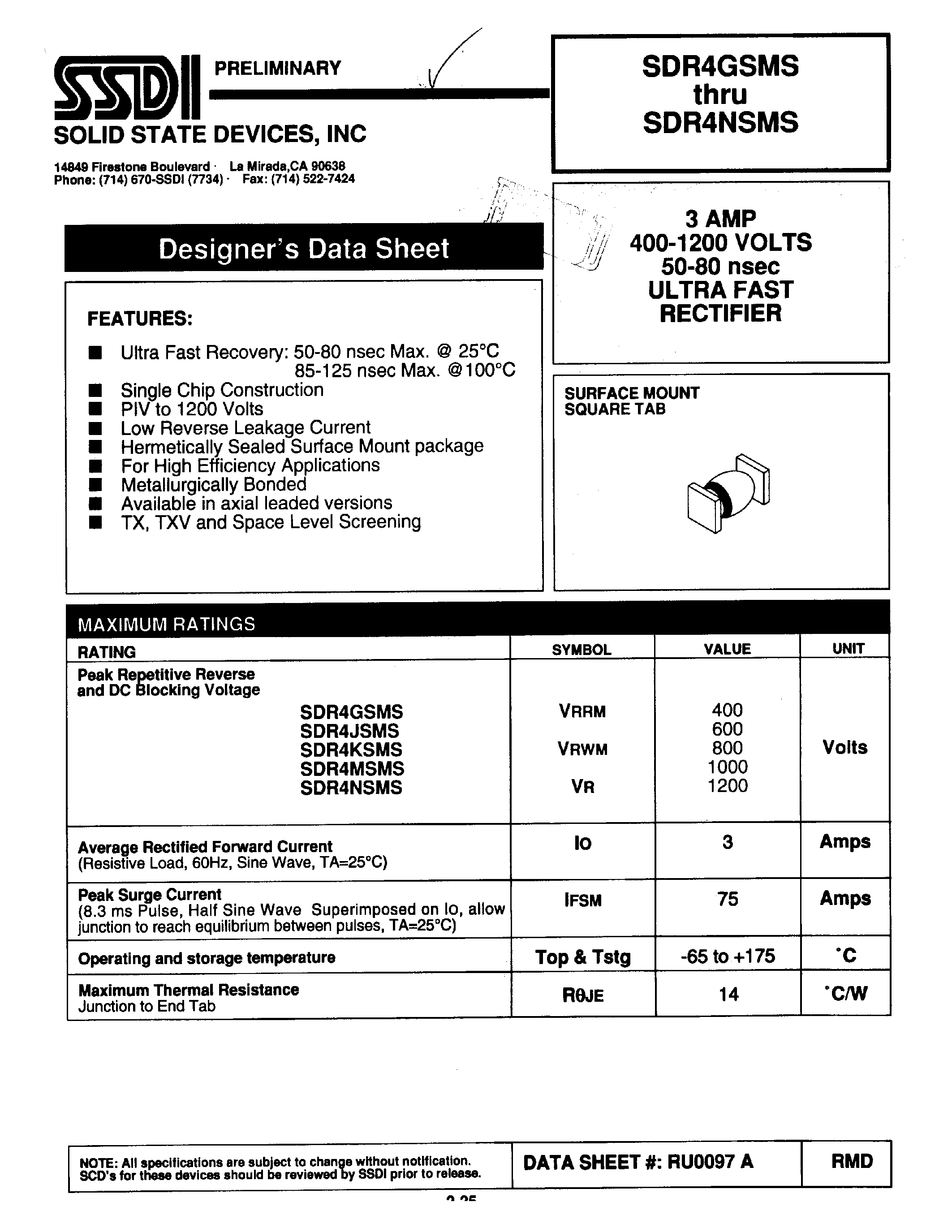 Datasheet SDR4GSMS page 1 Datasheet SDR4GSMS - (SDR4xSMS) ULTRA FAST RECTIFIER page 1