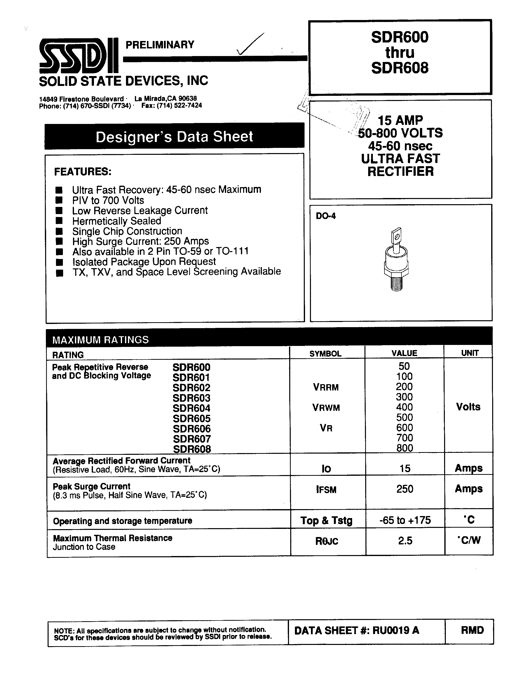 Datasheet SDR600 page 1 Datasheet SDR600 - (SDR600 - SDR608) ULTRA FAST RECTIFIER page 1