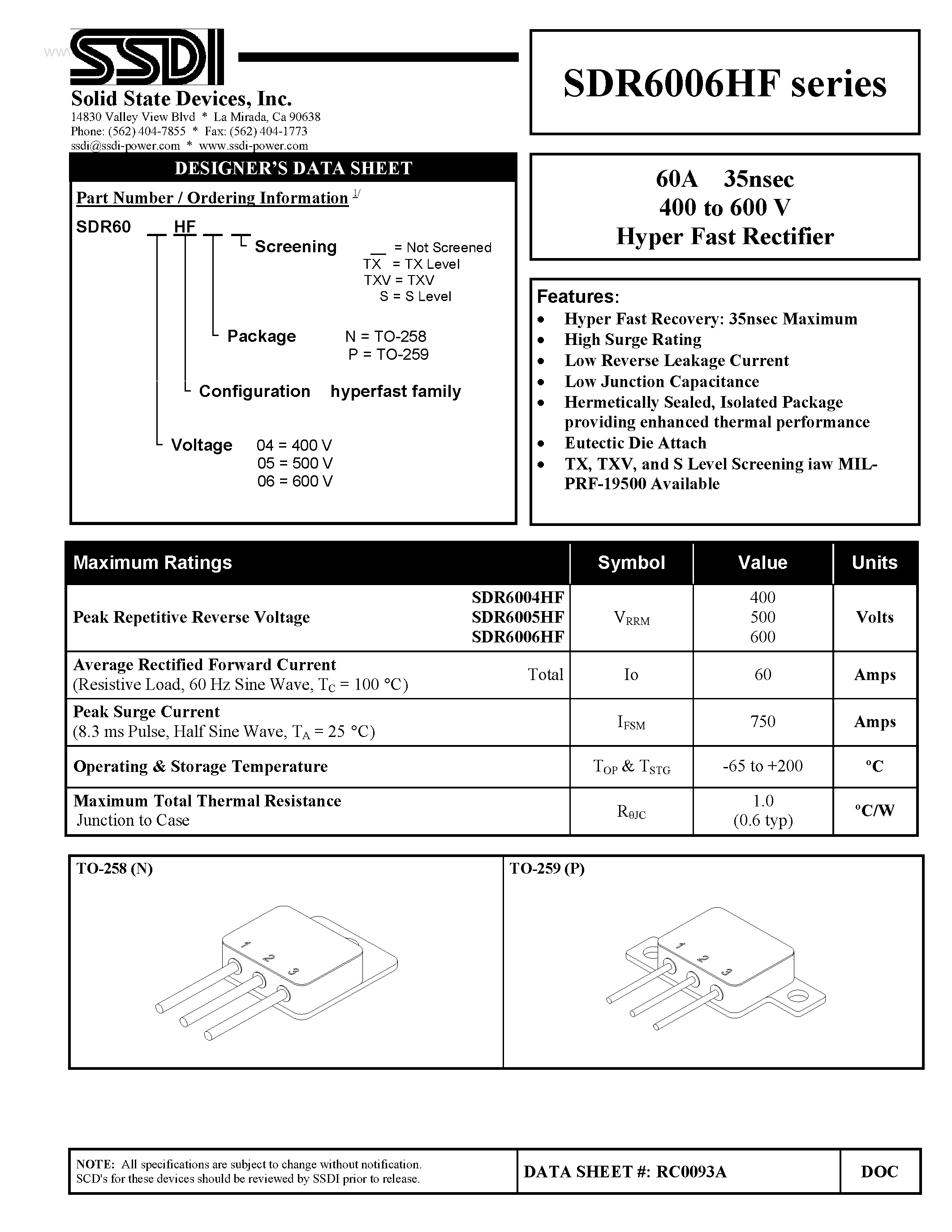 Datasheet SDR6004HF - (SDR6004HF - SDR6006HF) Hyper Fast Rectifier page 1