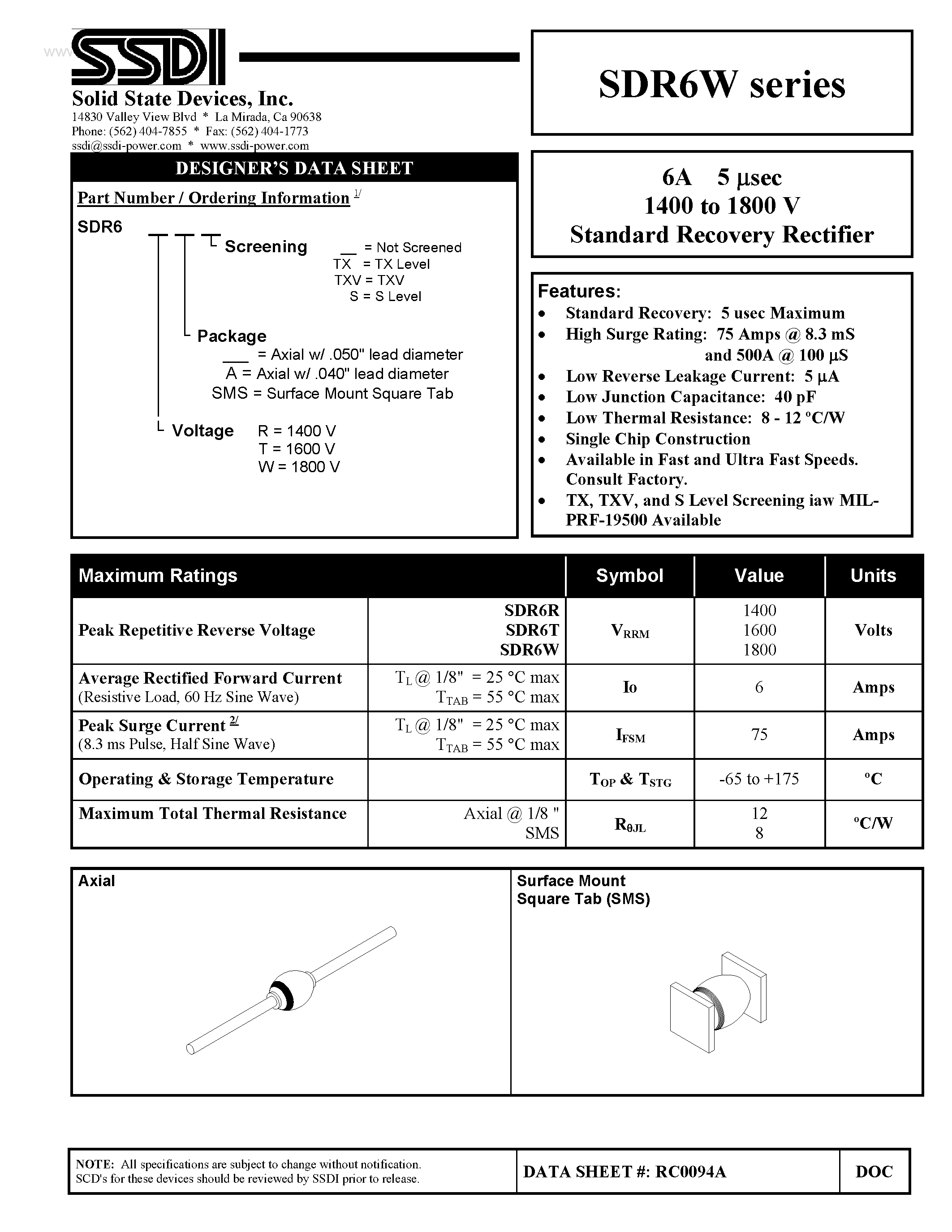 Даташит на микросхему SDR6R страница 1 Даташит SDR6R - (SDR6x) Standard Recovery Rectifier страница 1