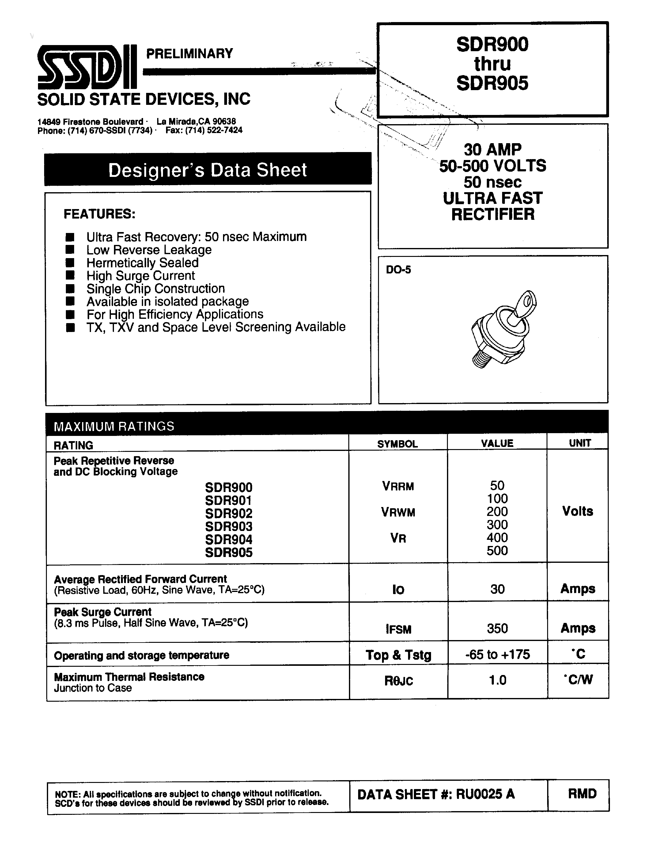 Datasheet SDR900 - (SDR900 - SDR905) ULTRA FAST RECTIFIER page 1