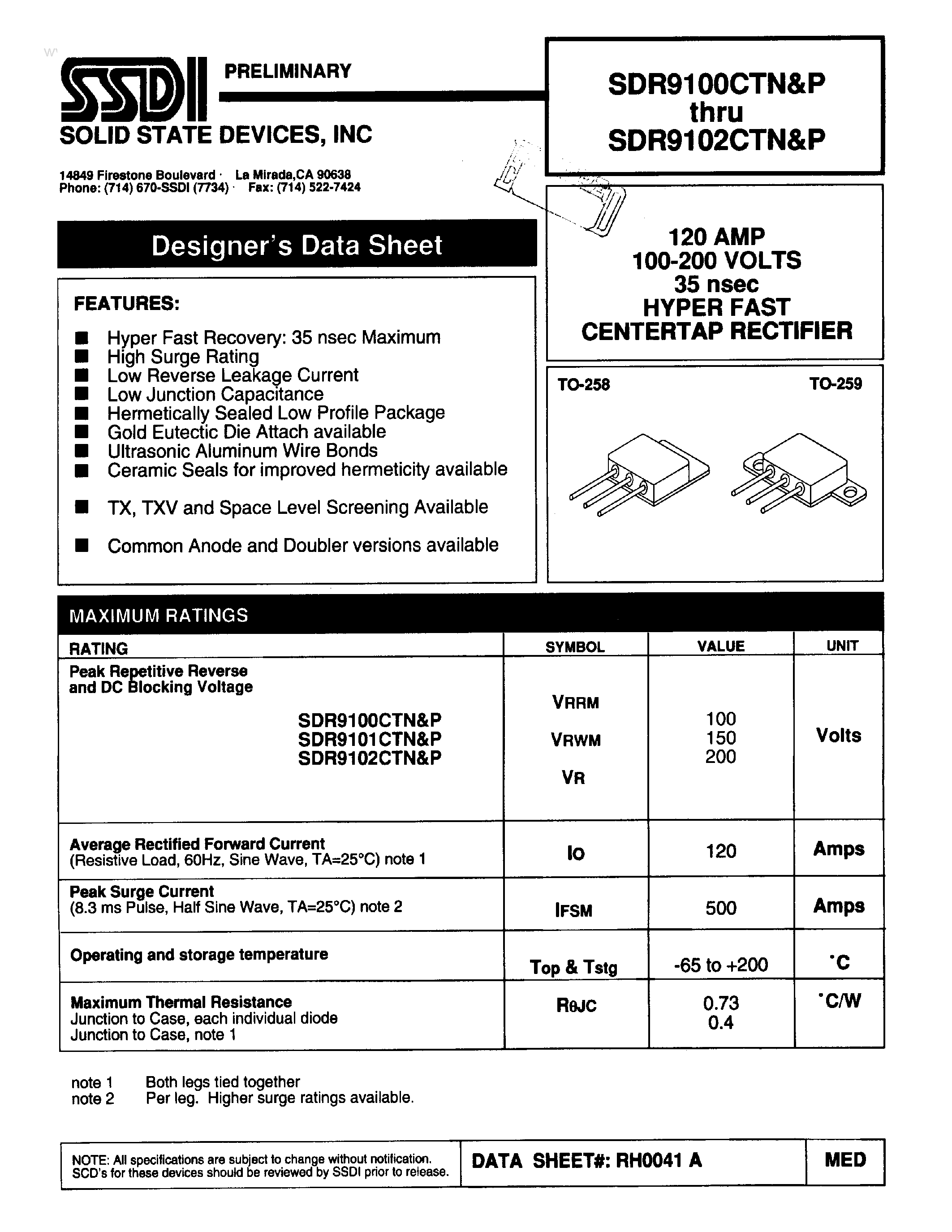 Datasheet SDR9100CTN page 1 Datasheet SDR9100CTN - (SDR9100CTP - SDR9102CTP) HYPER FAST CENTERTAP RECTIFIER page 1