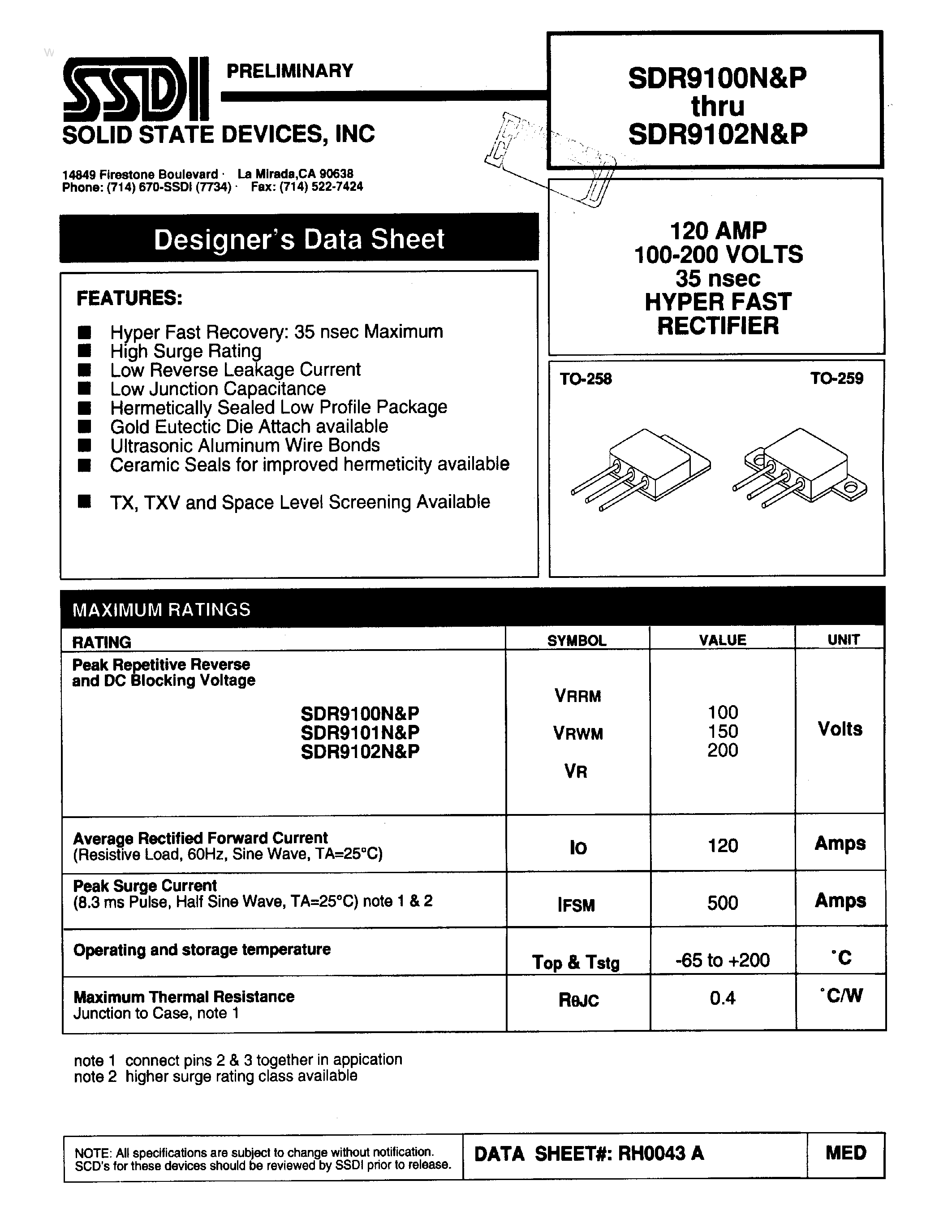 Datasheet SDR9100N page 1 Datasheet SDR9100N - (SDR9100P - SDR9102P) HYPER FAST RECTIFIER page 1