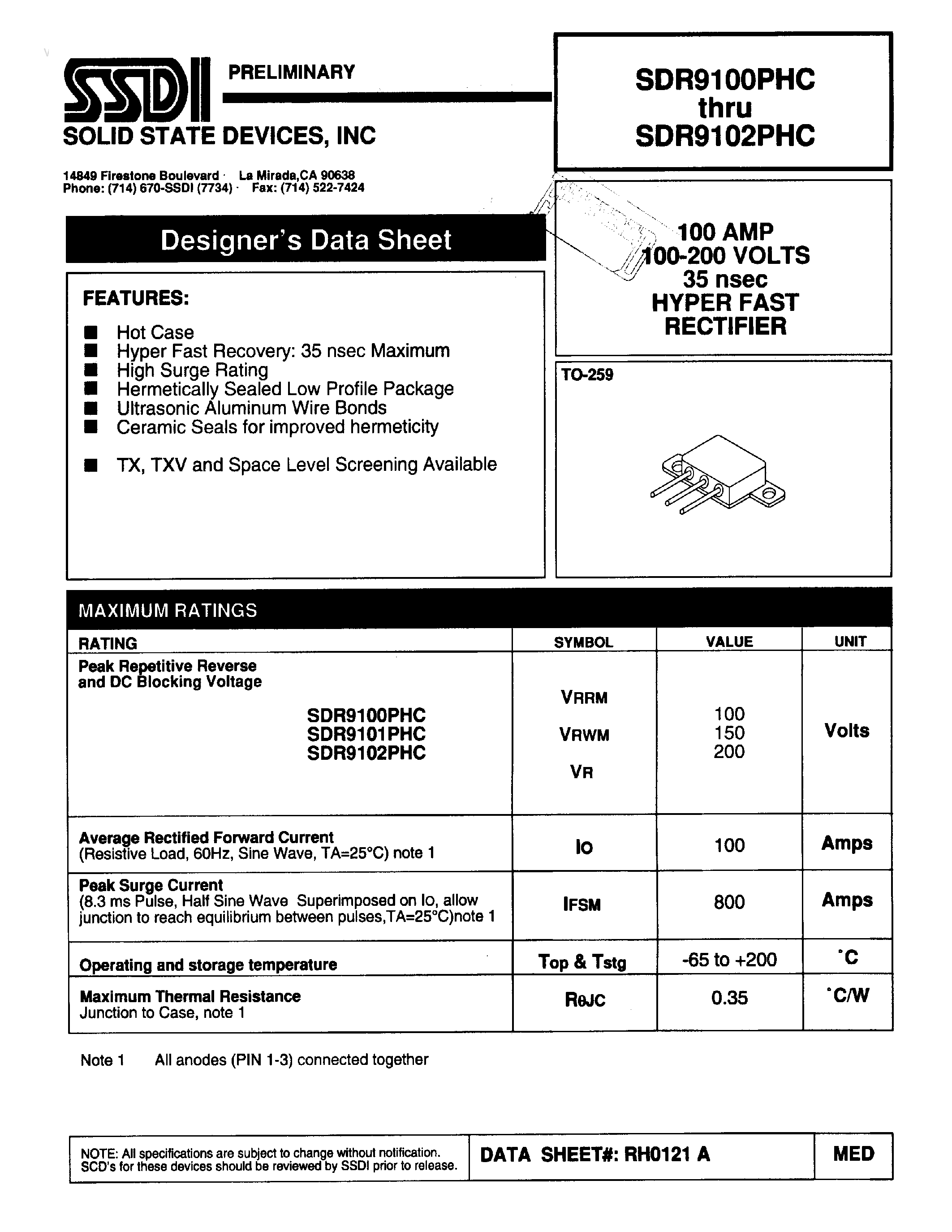 Datasheet SDR9100PHC page 1 Datasheet SDR9100PHC - (SDR9100PHC - SDR9102PHC) HYPER FAST RECTIFIER page 1