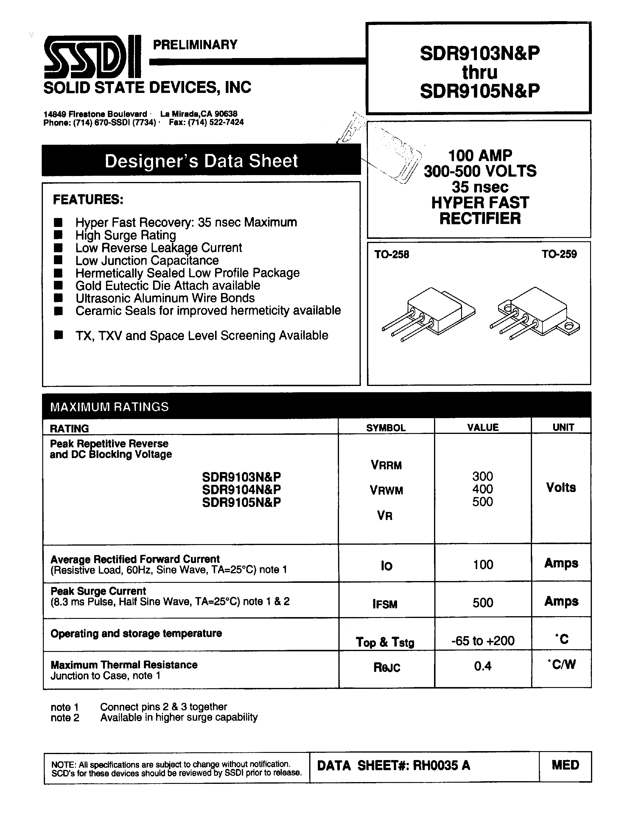 Datasheet SDR9103N page 1 Datasheet SDR9103N - (SDR9103P - SDR9105P) HYPER FAST RECTIFIER page 1