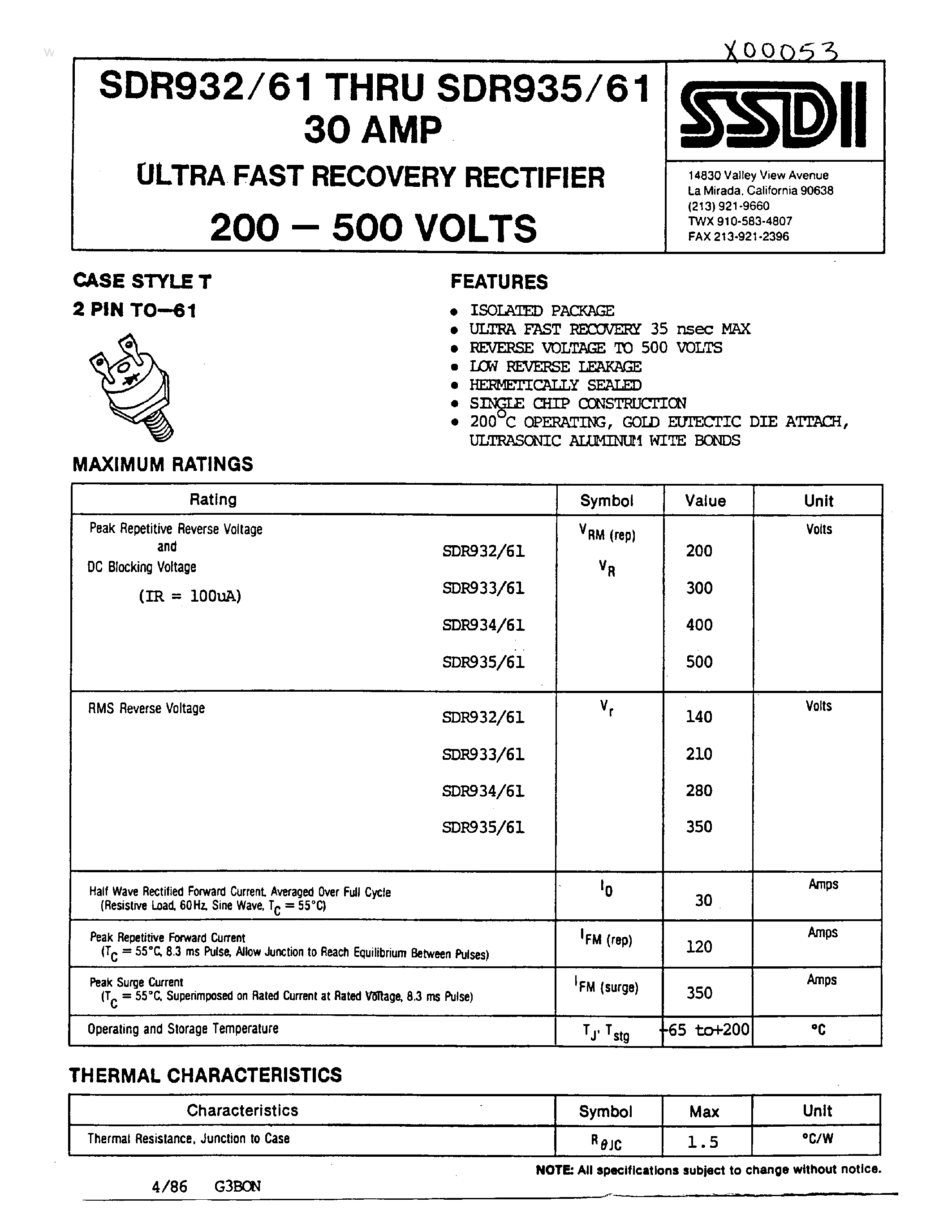 Datasheet SDR932/61 page 1 Datasheet SDR932/61 - (SDR932/61 - SDR935/61) ultra fast recovery rectifier page 1