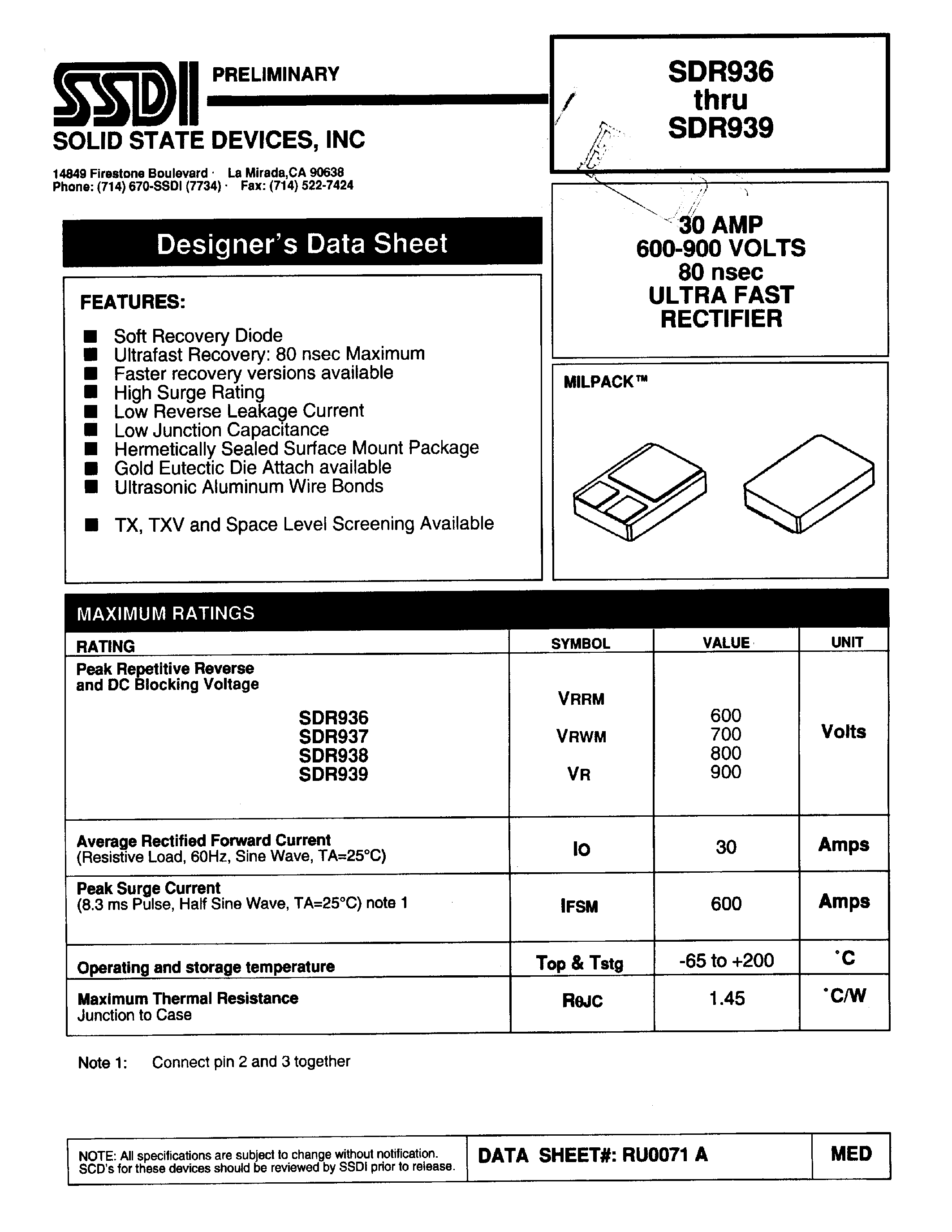 Datasheet SDR936 page 1 Datasheet SDR936 - (SDR936 - SDR939) ULTRA FAST RECTIFIER page 1