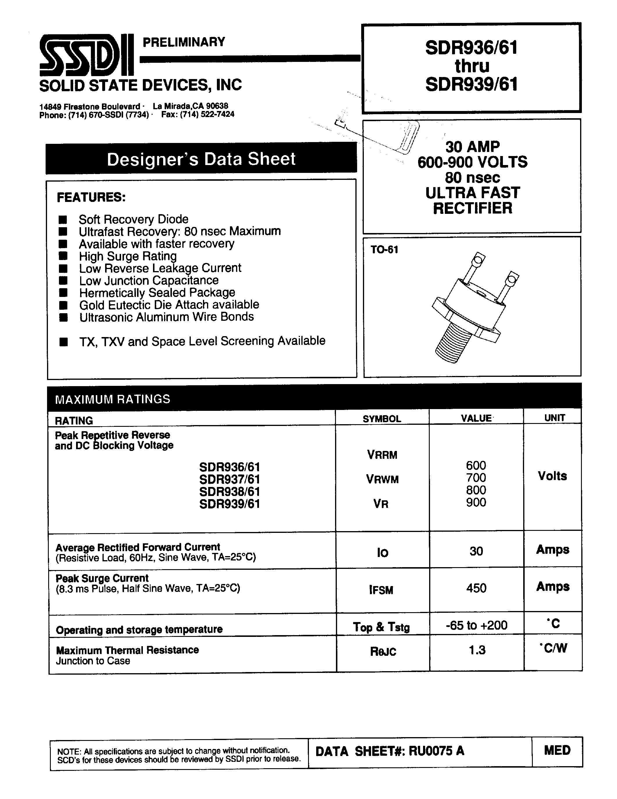 Datasheet SDR936/61 page 1 Datasheet SDR936/61 - (SDR936/61 - SDR939/61) ULTRA FAST RECTIFIER page 1