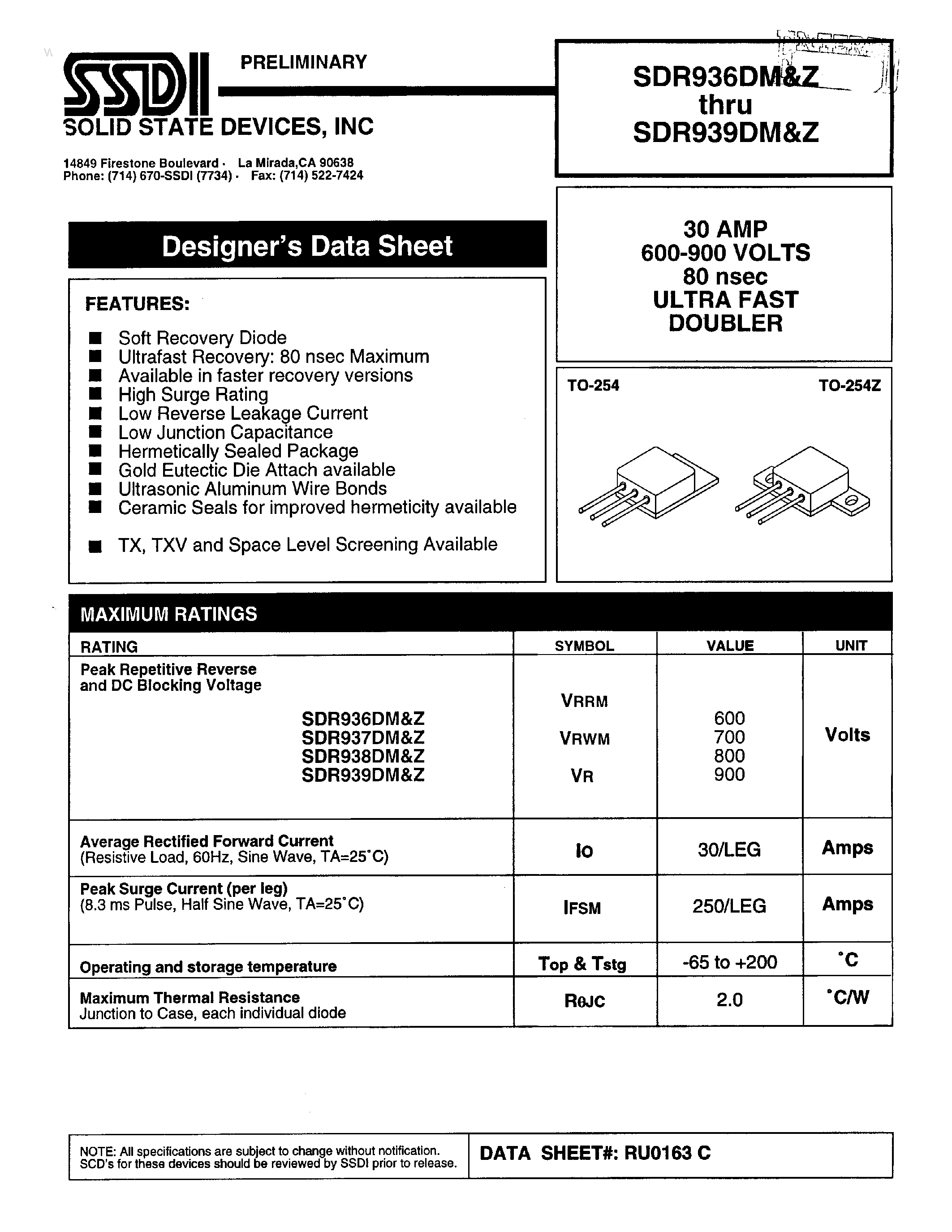 Datasheet SDR936DM page 1 Datasheet SDR936DM - (SDR936DZ - SDR939DZ) ULTRA FAST RECTIFIER page 1