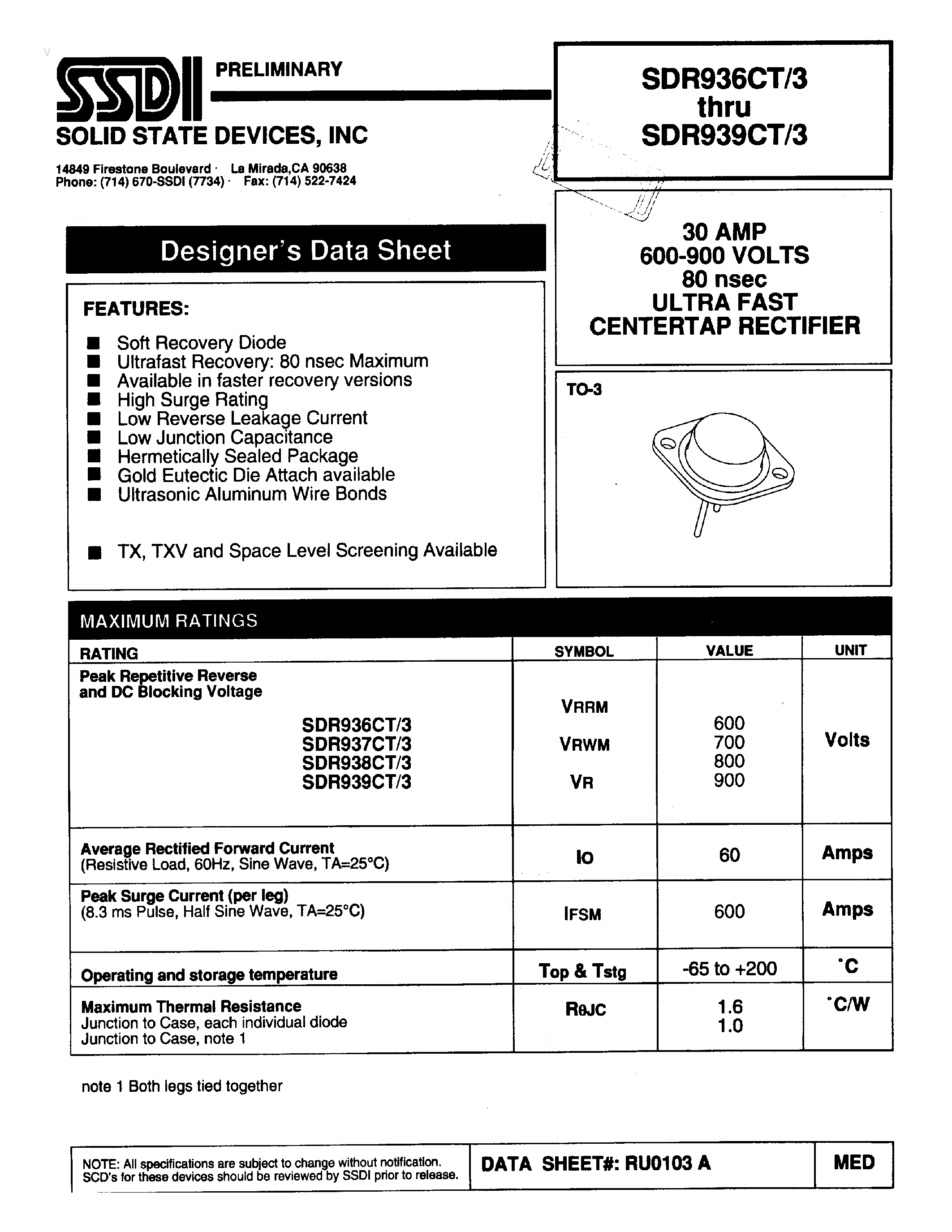 Даташит на микросхему SDR936CT/3 страница 1 Даташит SDR936CT/3 - (SDR936CT/3 - SDR939CT/3) ULTRA FAST RECTIFIER страница 1