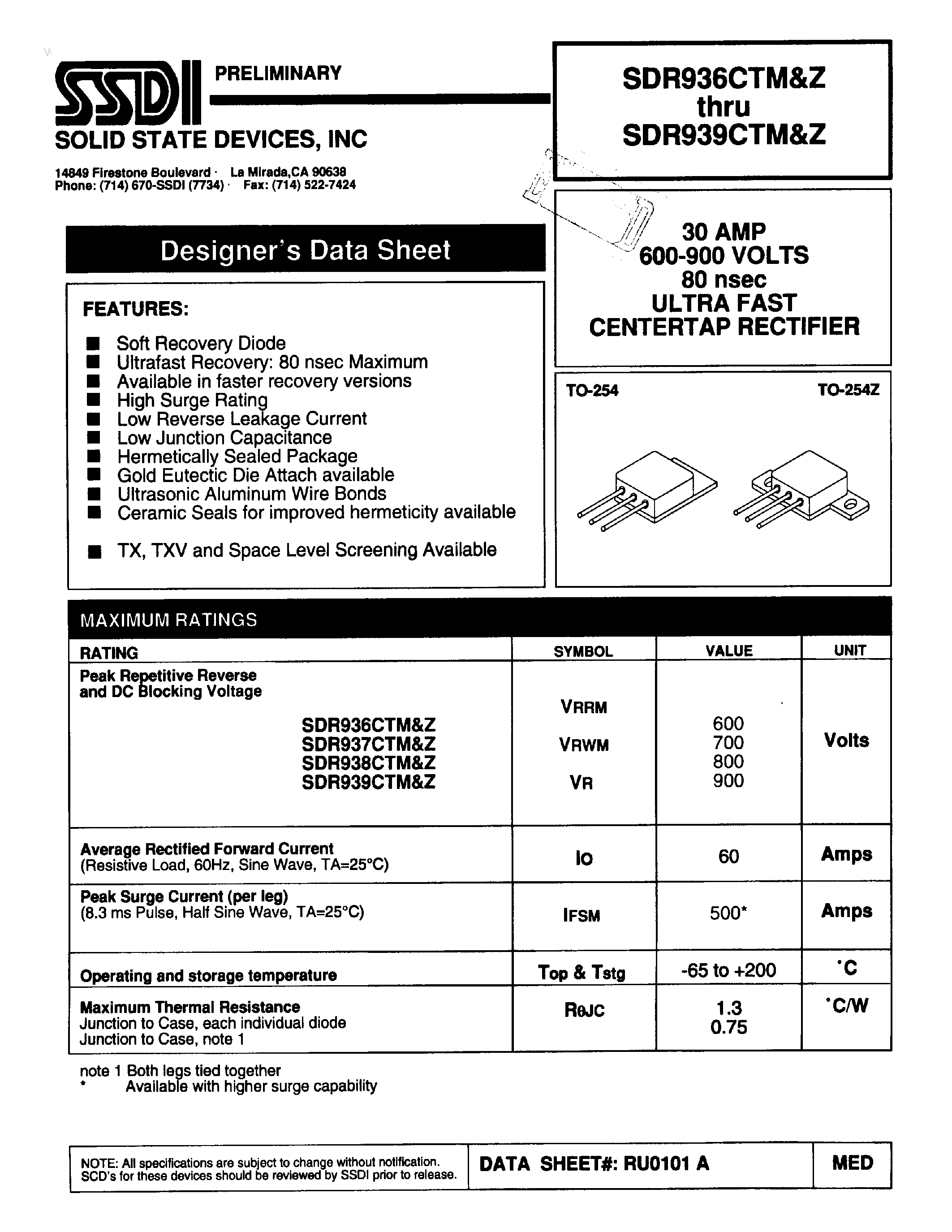 Datasheet SDR936CTM page 1 Datasheet SDR936CTM - (SDR936CTZ - SDR939CTZ) ULTRA FAST CENTERTAP RECTIFIER page 1