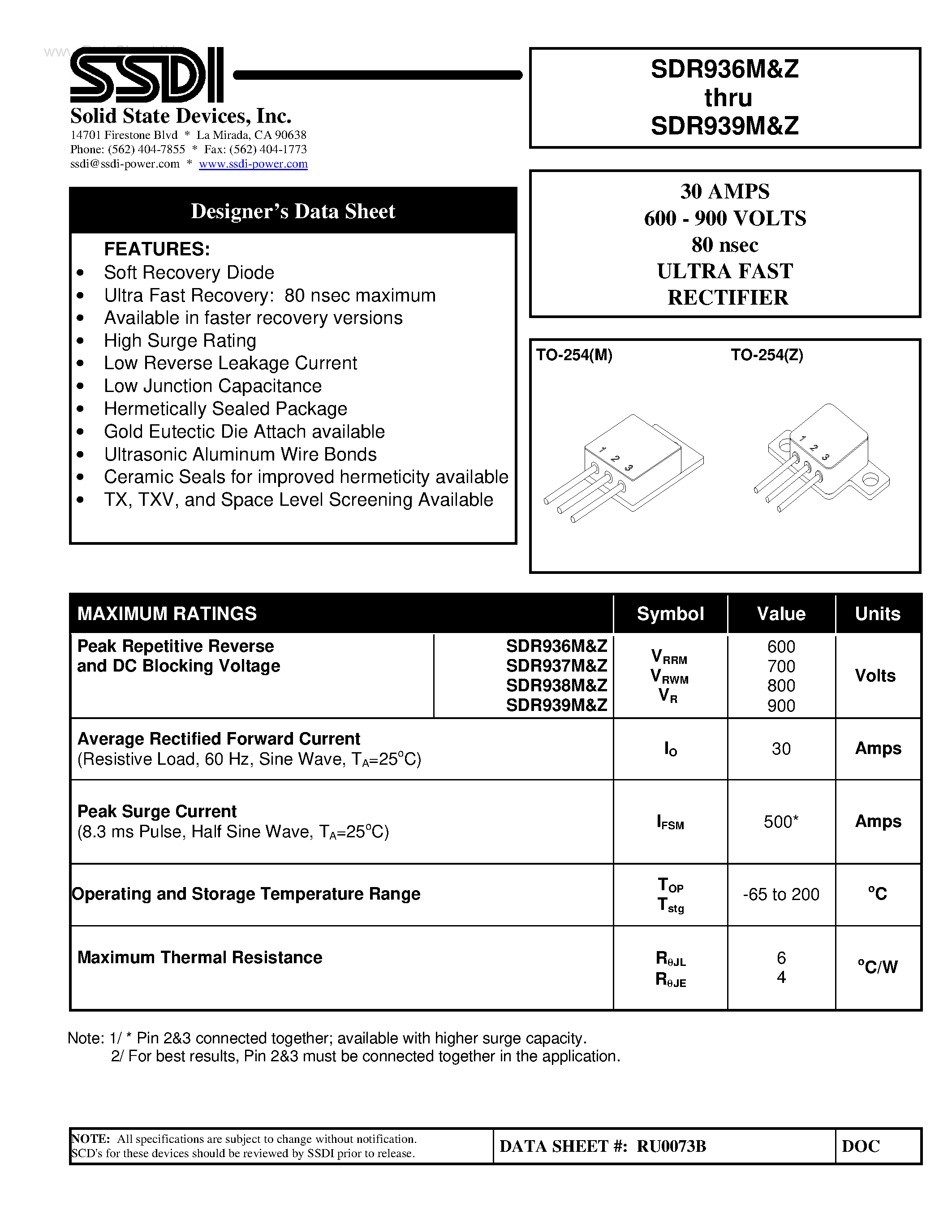 Datasheet SDR936M page 1 Datasheet SDR936M - (SDR936Z - SDR939Z) ULTRA FAST RECTIFIER page 1