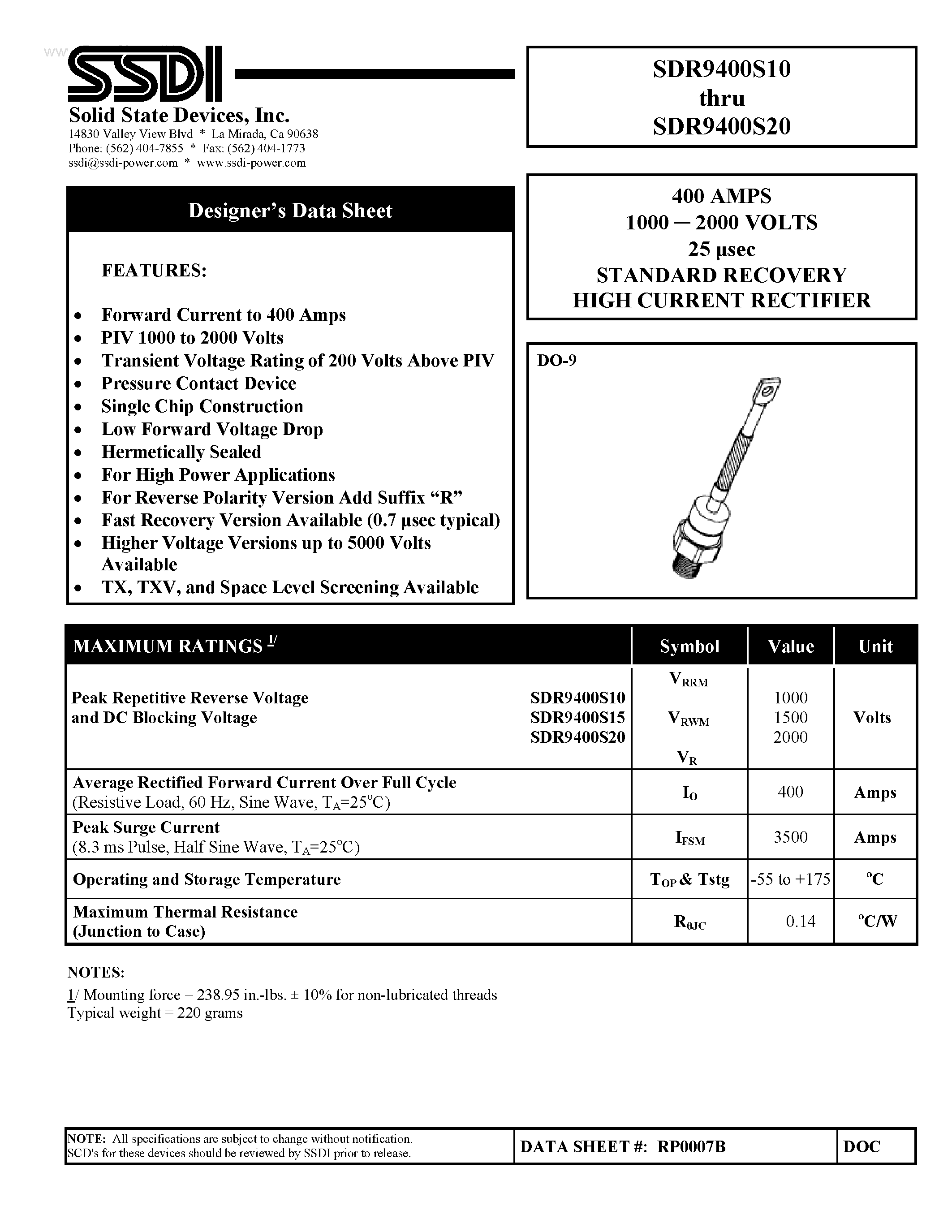 Даташит на микросхему SDR9400S10 страница 1 Даташит SDR9400S10 - (SDR9400S10 - SDR9400S20) STANDARD RECOVERY HIGH CURRENT RECTIFIER страница 1
