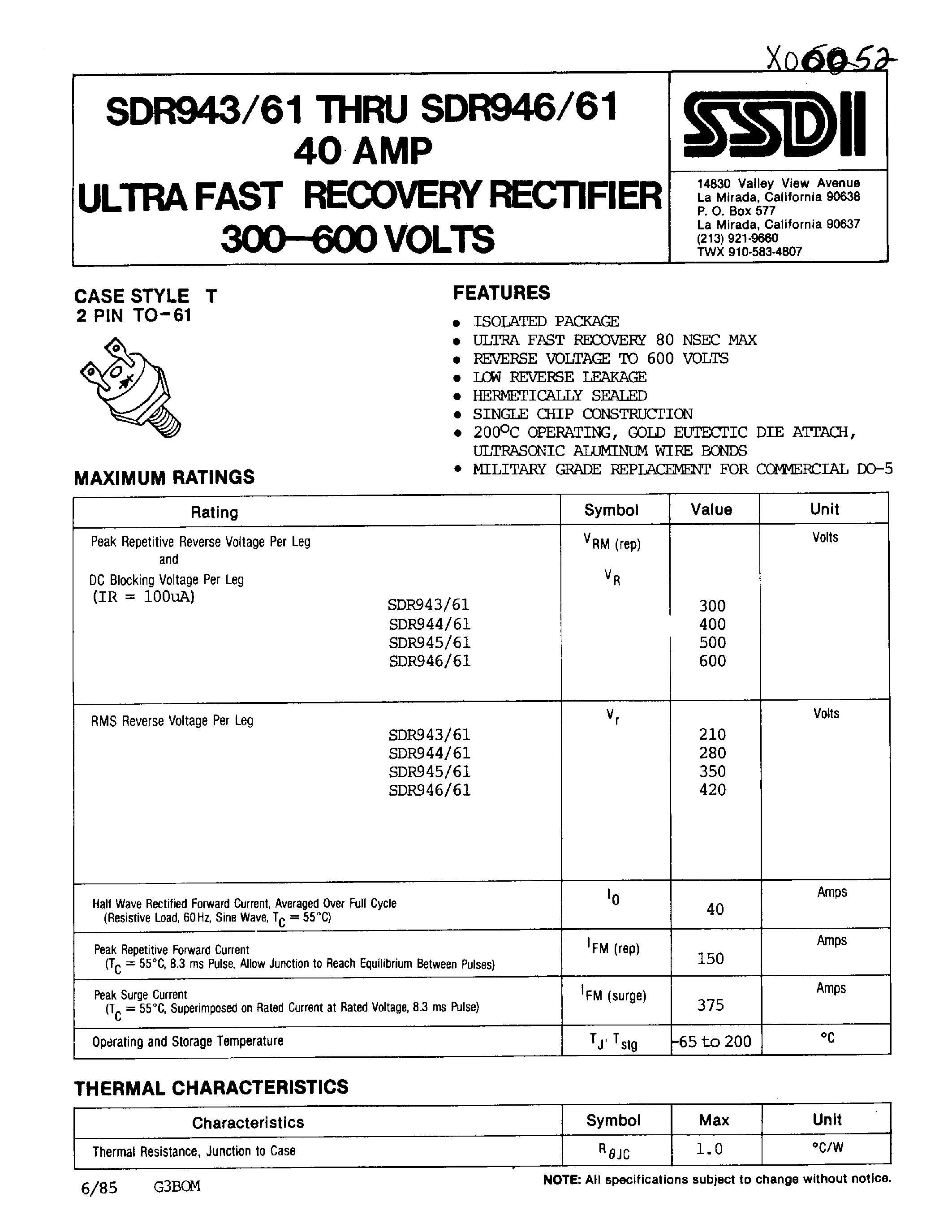 Datasheet SDR943/61 page 1 Datasheet SDR943/61 - (SDR943/61 - SDR946/61) ULTRA FAST RECOVERY RECTIFIER page 1
