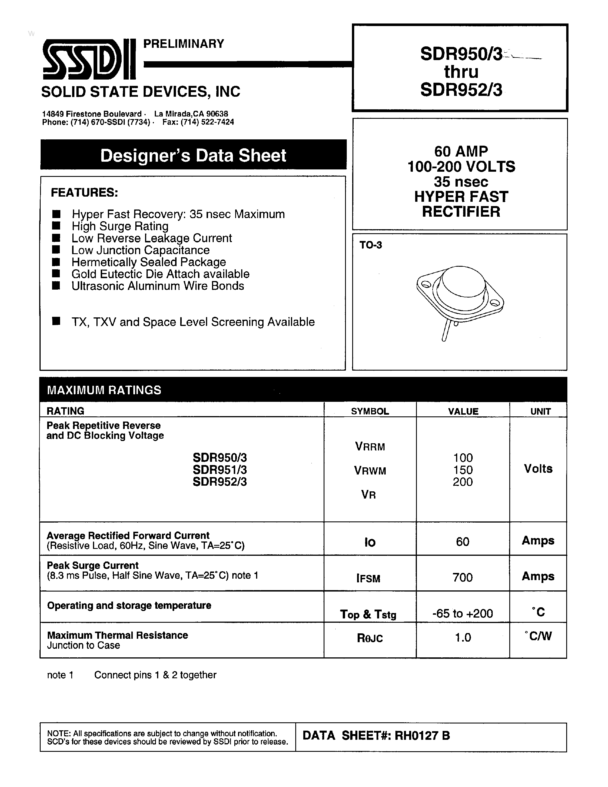 Даташит на микросхему SDR950/3 страница 1 Даташит SDR950/3 - (SDR950/3 - SDR952/3) HYPER FAST RECTIFIER страница 1