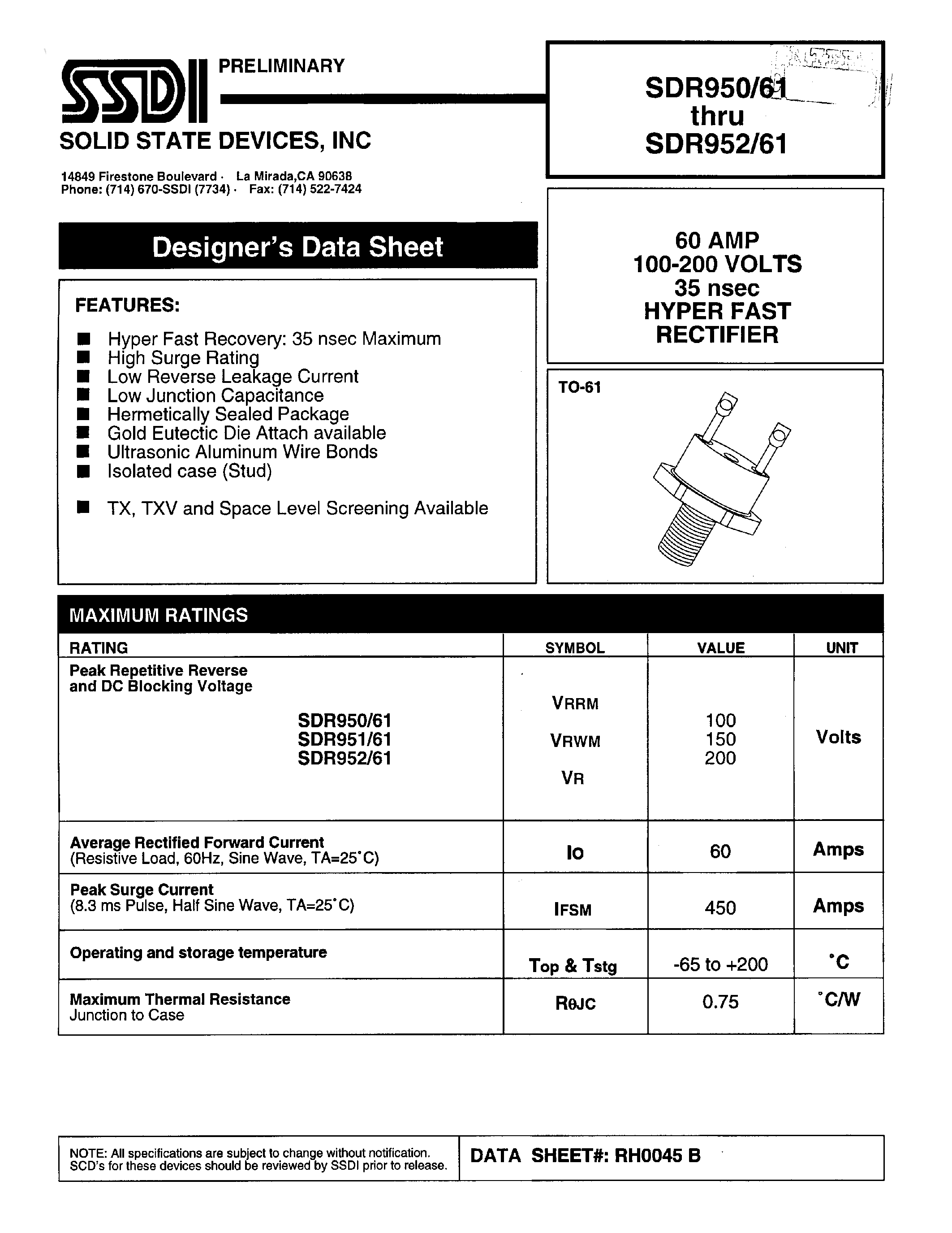 Datasheet SDR950/61 - (SDR950/61 - SDR952/61) Hyper Fast Rectifier page 1