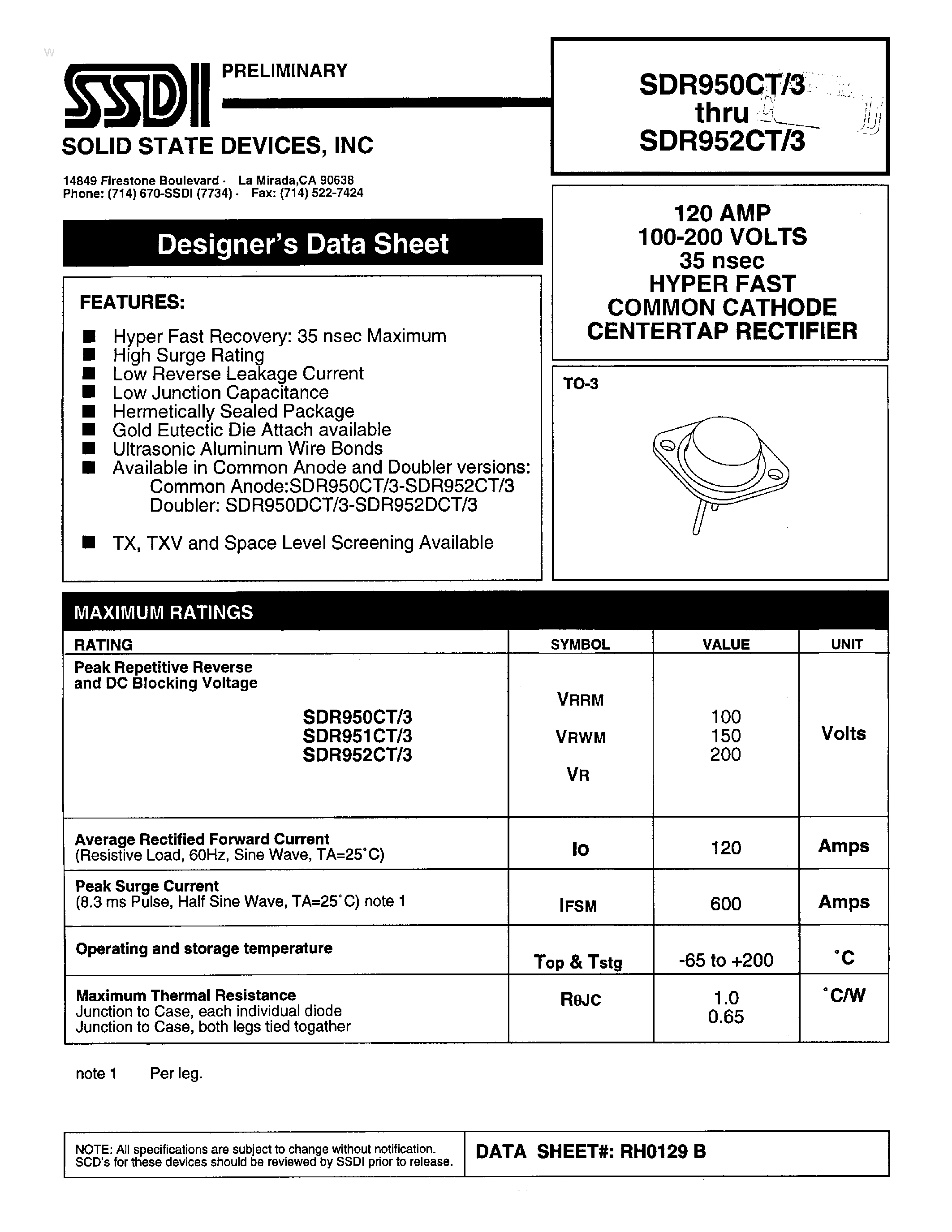 Даташит на микросхему SDR950CT/3 страница 1 Даташит SDR950CT/3 - (SDR950CT/3 - SDR952CT/3) HYPER FAST COMMONCATHODE CENTERTAP RECTIFIER страница 1