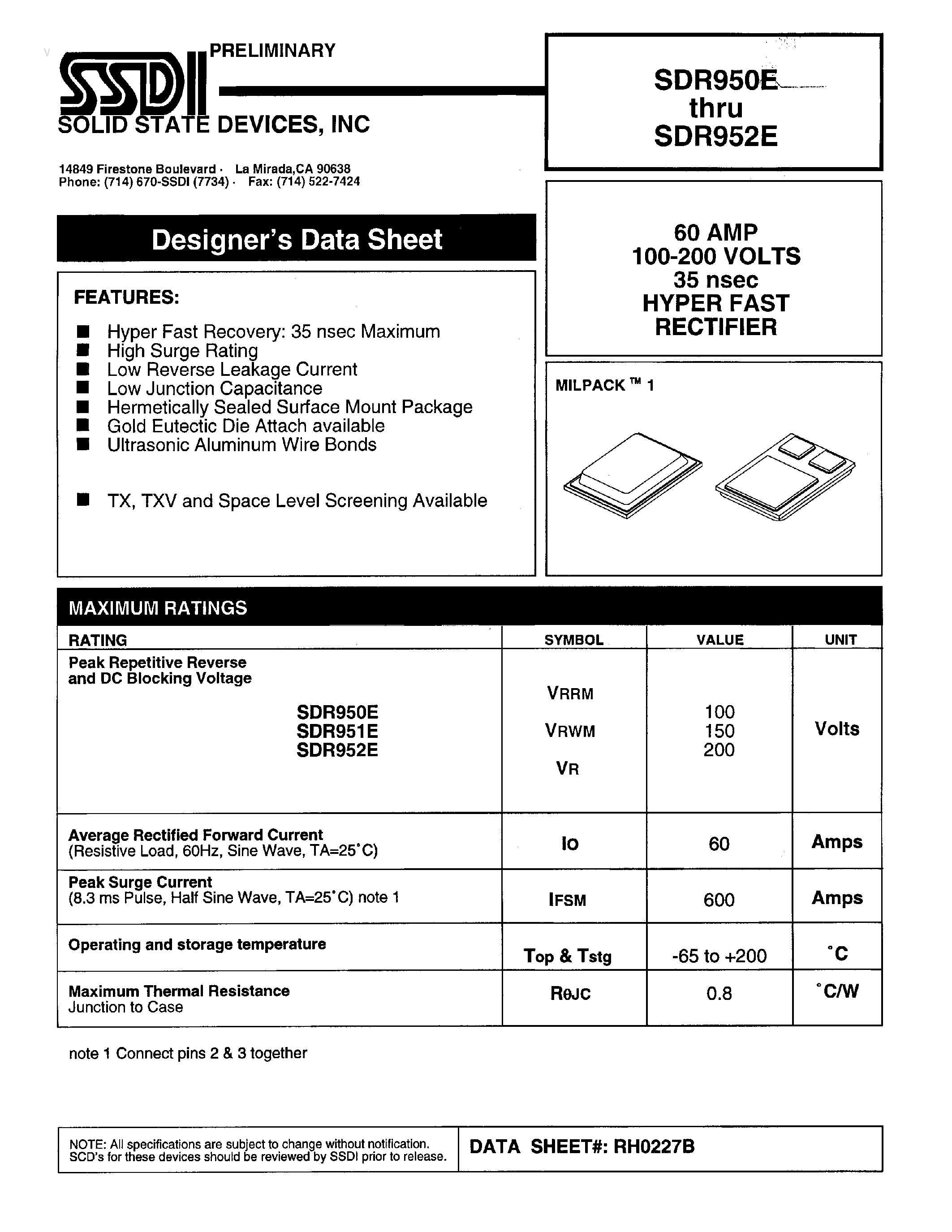 Datasheet SDR950E page 1 Datasheet SDR950E - (SDR950E - SDR952E) HYPER FAST RECTIFIER page 1
