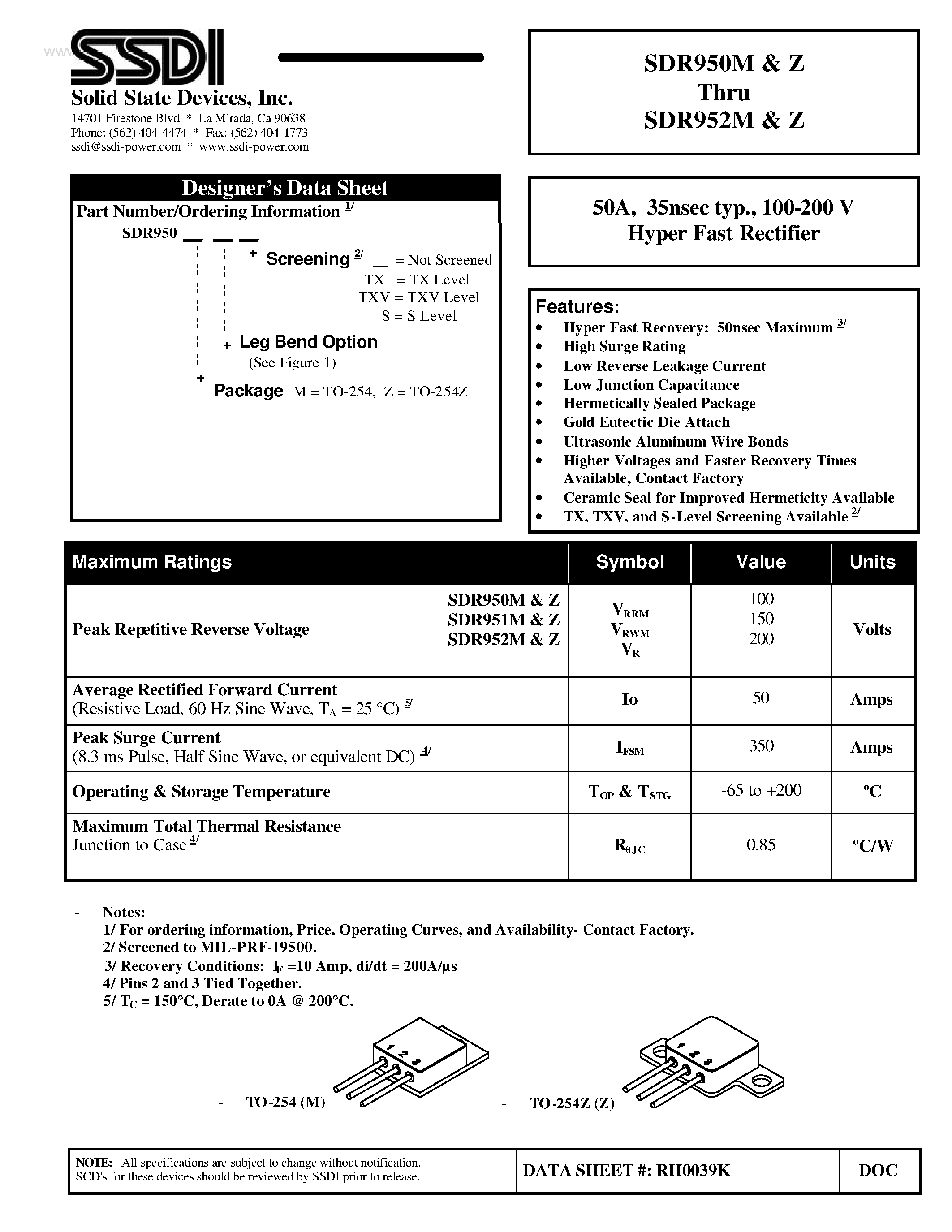 Datasheet SDR950M page 1 Datasheet SDR950M - (SDR950Z - SDR952Z) Hyper Fast Rectifier page 1