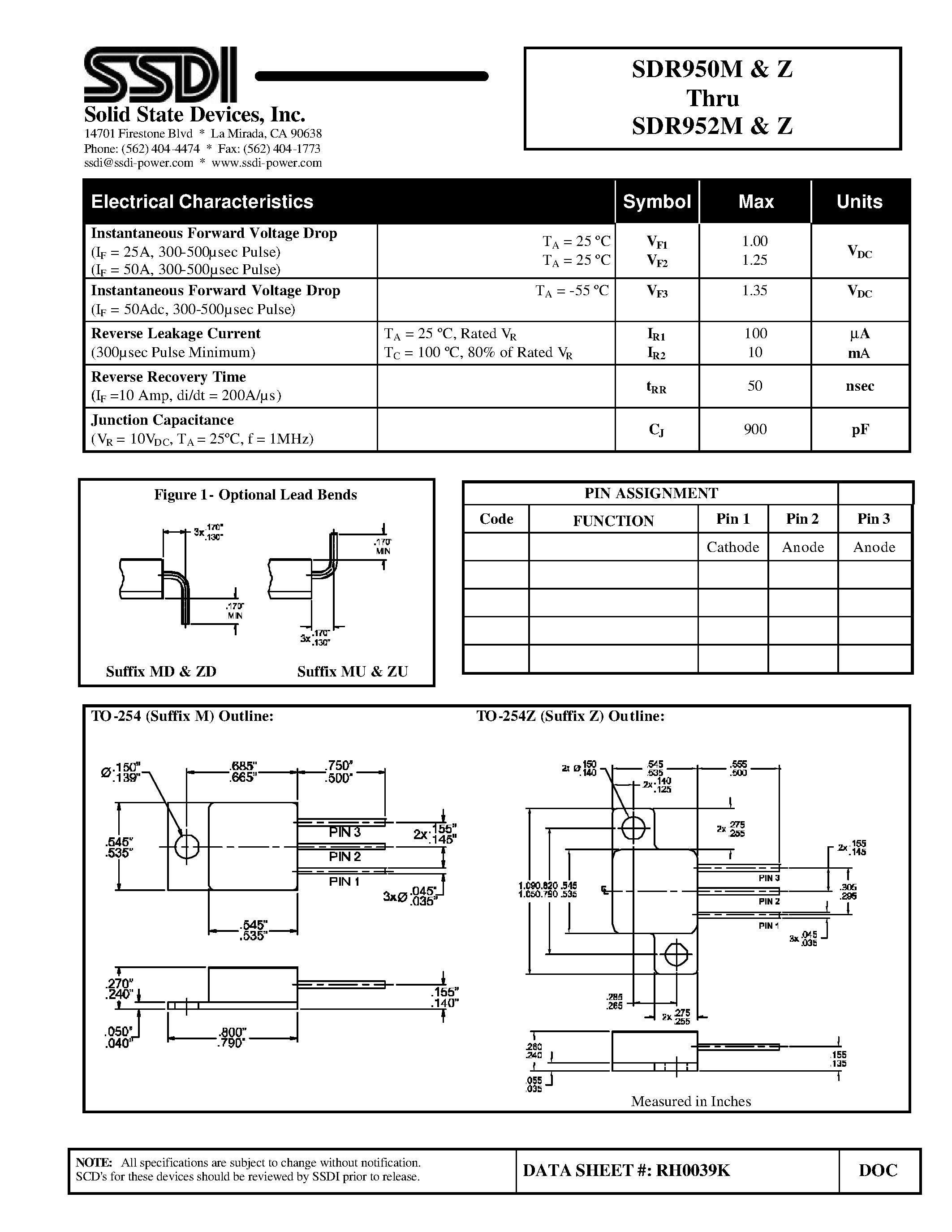 Datasheet SDR950M page 2 Datasheet SDR950M - (SDR950Z - SDR952Z) Hyper Fast Rectifier page 2