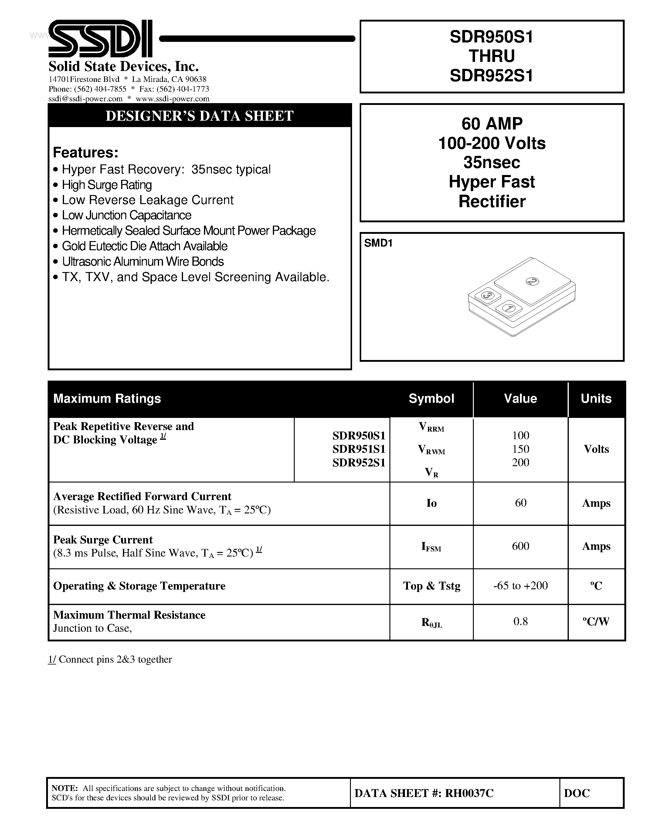 Datasheet SDR950S1 - (SDR950S1 - SDR952S1) Hyper Fast Rectifier page 1