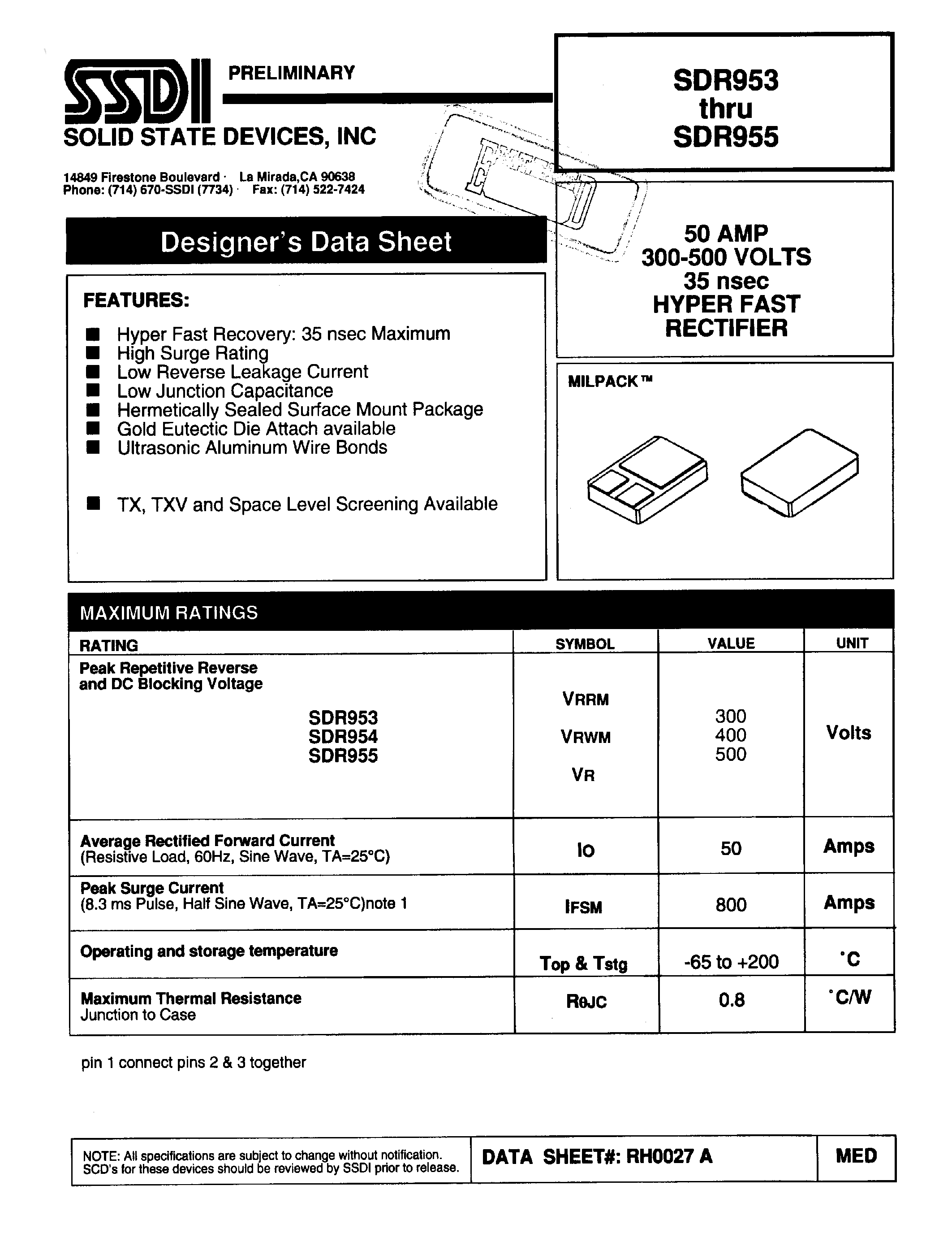 Datasheet SDR953 page 1 Datasheet SDR953 - (SDR953 - SDR955) HYPER FAST RECTIFIER page 1